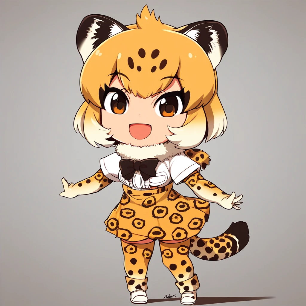 1girl, ((solo)) best quality, ultra-detailed, extremely detailed, perfect anatomy, masterpiece, score_9, score_8_up, score_7_up, jaguar (kemono friends), animal ears, jaguar ears, blonde hair, short hair, bangs, jaguar print, multicolored hair, tail, jaguar tail, white shirt, frills, skirt, high-waist skirt, print skirt, fur collar, center frills, gloves, elbow gloves, print gloves, short sleeves, black bowtie, thighhighs, animal print, print legwear, shoes, chibi, open mouth smile, happy, standing, looking at viewer, cute pose,