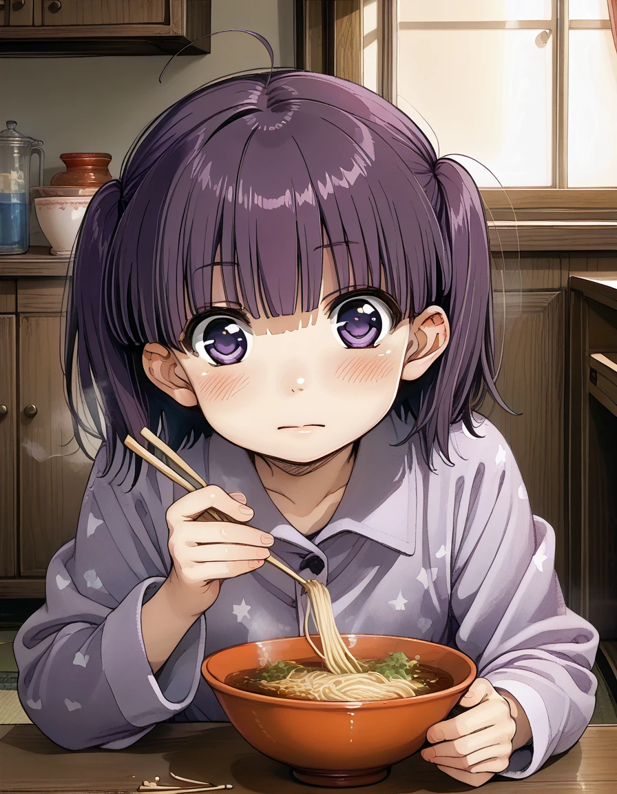 <lora:MorinoKirin_pony_v01:0.85> 1girl, solo, holding chopsticks, noodles, morino kirin, purple eyes, pajamas, steam, blush, face focus, official art,