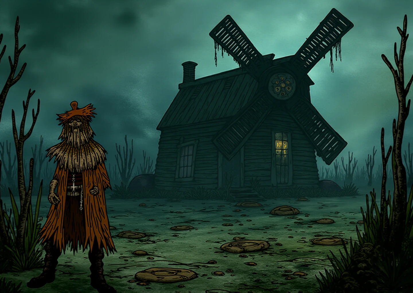 <lora:Marvelous_Misadventures_of_Flapjack_Style_-_FLUX:1> marvelous_flapjack, deep within the foggy marshes beyond the harbor, an ancient, crumbling candy mill stands silent and foreboding. The mill is said to be run by a strange, hunched figure known as Mr. Nougat, who wears a coat stitched from licorice strips and a hat made of brittle toffee. Mr. Nougat is rumored to create the rarest and most delicious candies, but those who enter the mill often return with twisted tales of sugar-fueled nightmares, or donât return at all.