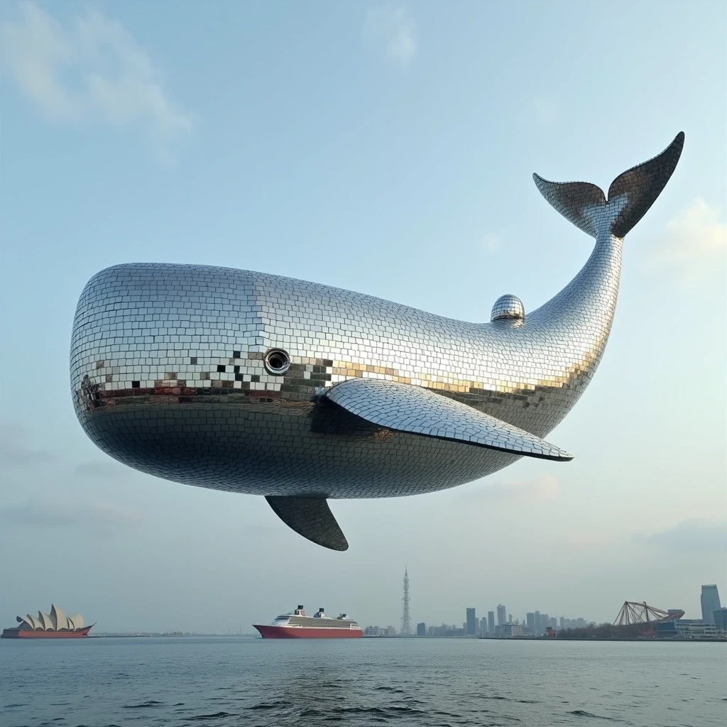 A flying whale made entirely of mirrors squares, similar to a disco ball, reflecting its surroundings