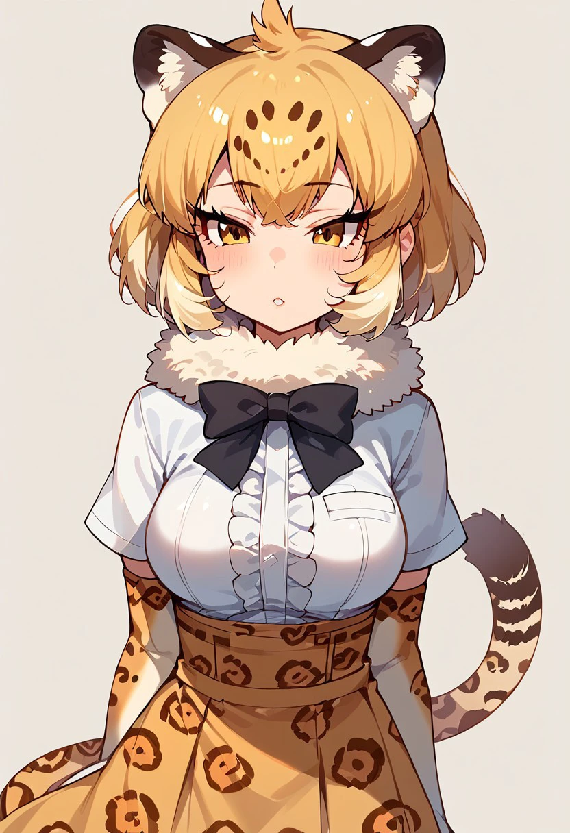 1girl, ((solo)) best quality, ultra-detailed, extremely detailed, perfect anatomy, masterpiece, score_9, score_8_up, score_7_up, Expressiveh, jaguar (kemono friends), animal ears, jaguar ears, blonde hair, short hair, bangs, jaguar print, multicolored hair, tail, jaguar tail, white shirt, frills, skirt, high-waist skirt, print skirt, fur collar, center frills, gloves, elbow gloves, print gloves, short sleeves, black bowtie, thighhighs, animal print, print legwear, shoes, simple background,