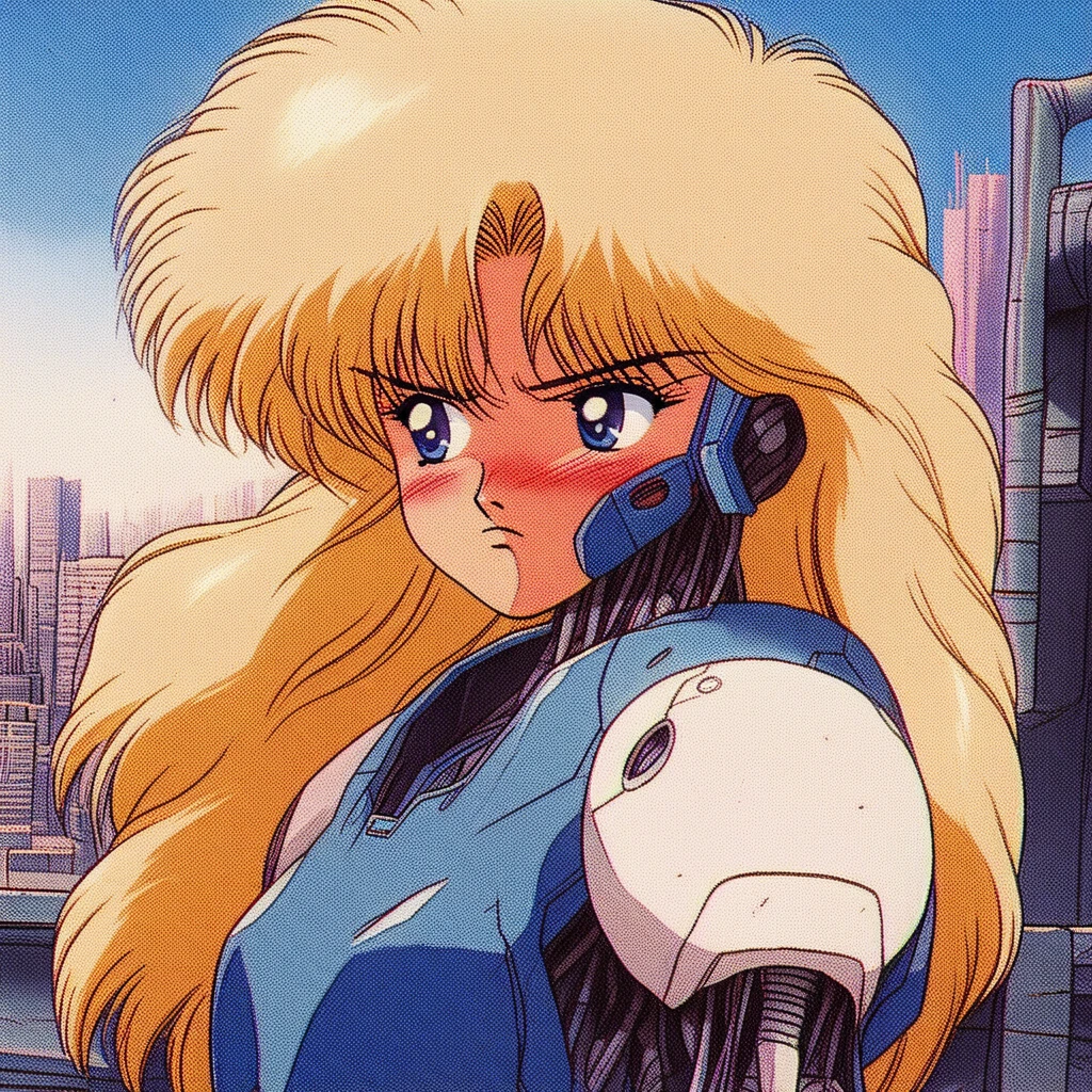 1girl, solo, blonde hair, long hair, serious expression, blush, retro artstyle, 1980s style, score_9, mechanical parts, blue eyes, city, sky