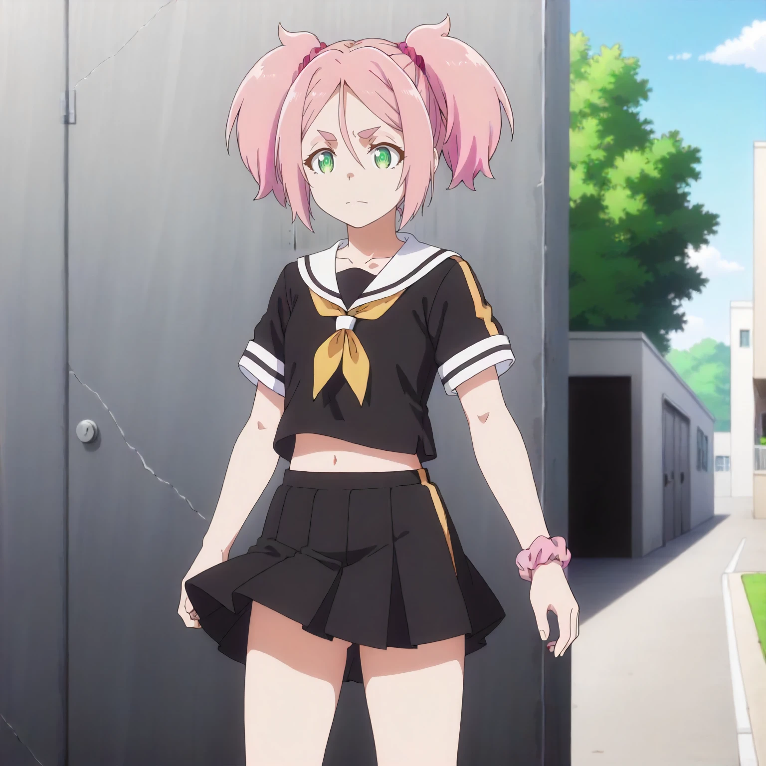 <lora:SSnVR_MomoXLpony001>,
outdoors,nature,
solo,
Momo,1girl,pink hair,short twintails,hair scrunchie,thick eyebrows,short eyebrows,green eyes,
standing,
serafuku,black shirt,pleated_skirt,black skirt,