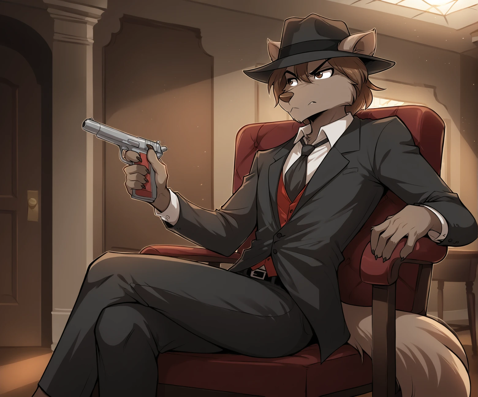 score_9, score_8_up, score_7_up,score_6_up,score_5_up, source_furry
BREAK
furry male anthro, flat chest, (annoyed), crossed legs, suit, pants, fedora, holding gun, pointing gun at hostage, (indoors, mafia boss, dark room, sitting on chair)
BREAK
<lora:Zen-Twokinds-SDXL-AnonTK-V1:0.8> , zen-twokinds, keidran, mammal, wolf tail, brown eyes, medium hair, <lora:2.5DRealisticV2:0.3>