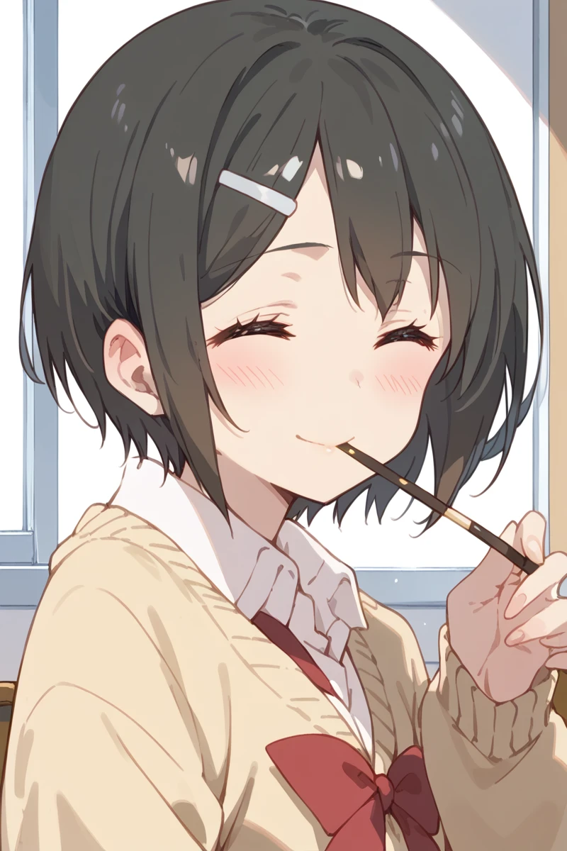 score_9, score_8_up, score_7_up, score_6_up,
 <lora:Kaede_Ikeno:1> kaede, 1girl, closed eyes, solo, hair ornament, blush, short hair, hairclip, pocky, black hair, smile, school uniform, sweater, pocky in mouth,