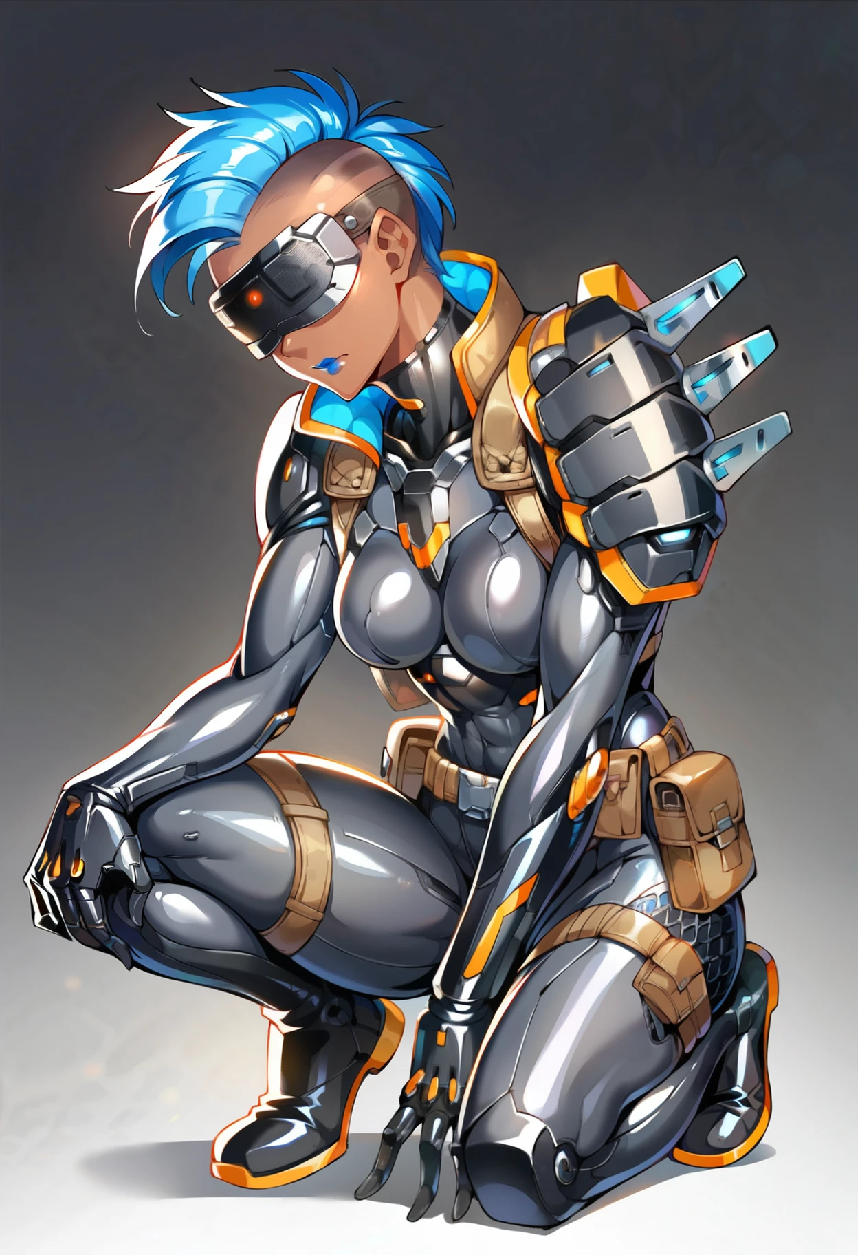 score_9,score_8_up,score_7_up,score_6_up,1girl,solo,dark background,black bodysuit,science fiction,blue hair,mohawk,belt pouch,armor,dark-skinned female,no eyes,hidden eyes,shoulder spikes,visor,blue lips,black gloves,cyborg,mechanical legs,medium breasts,boots,full body,       <lora:MyTrainings\Temp\Mad_Maggie_Outlawed_Tech_XL_Pony_ARZUMATA-000009.safetensors:0.5>