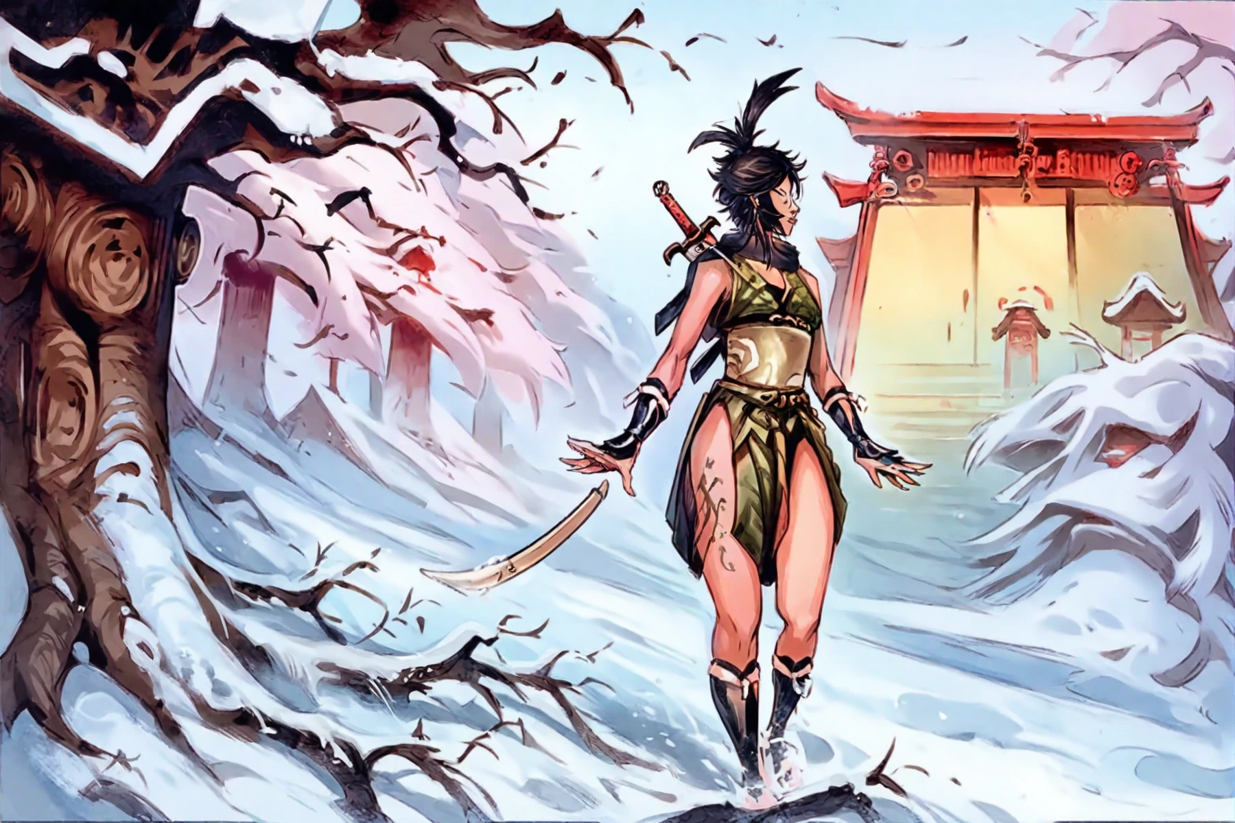 <lora:Mask-of-Fudo_pony_v1:1>fantasy art \(genre\),illustration \(style\), from "legends of the pierced veil: the mask of fudo",an illustration of an asian woman walking through the snow with a sword in her hand next to some trees,1girl,solo,black hair,weapon,tree,snow, score_9, score_6_up, score_7_up