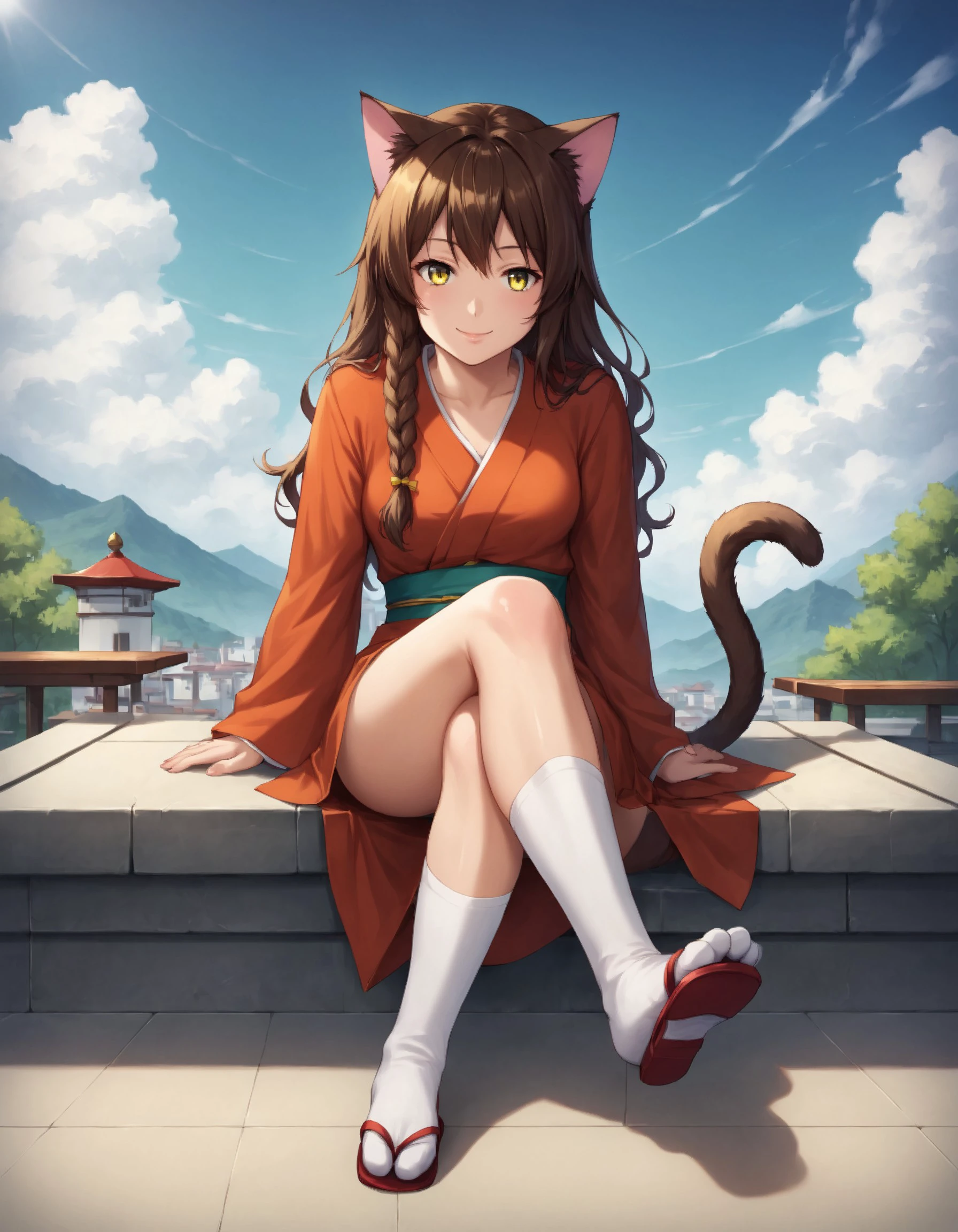 (masterpiece), best quality, expressive eyes, perfect face, score_9, score_8_up, score_7_up, source_anime, 1girl, solo, BREAK, yulia, brown hair, long hair, side braid, single braid, yellow eyes, medium breasts, young, smile, cat tail, smooth body, shiny skin, BREAK, kimono, tabi, zori, haneri, kanzashi, sitting, pose, BREAK, chair, tables, beams, columns, roof, chandeliers, jugs, sake, smoke, visual novel background, CG background, izakya, indoor scenery, detailed background, photorealistic, pixiv, sharp-focus, super detail, BREAK, colorful, vibrant colors, detailed face, stunning, highly detailed, 8k, intricate, cinematic, dehazed, atmospheric, highres, best quality, detailed eyes, full body shot, (from bottom, bottom view), <lora:8fa2ec5d-d4a7-4efb-94d2-27b8d1cc2911:0.7>