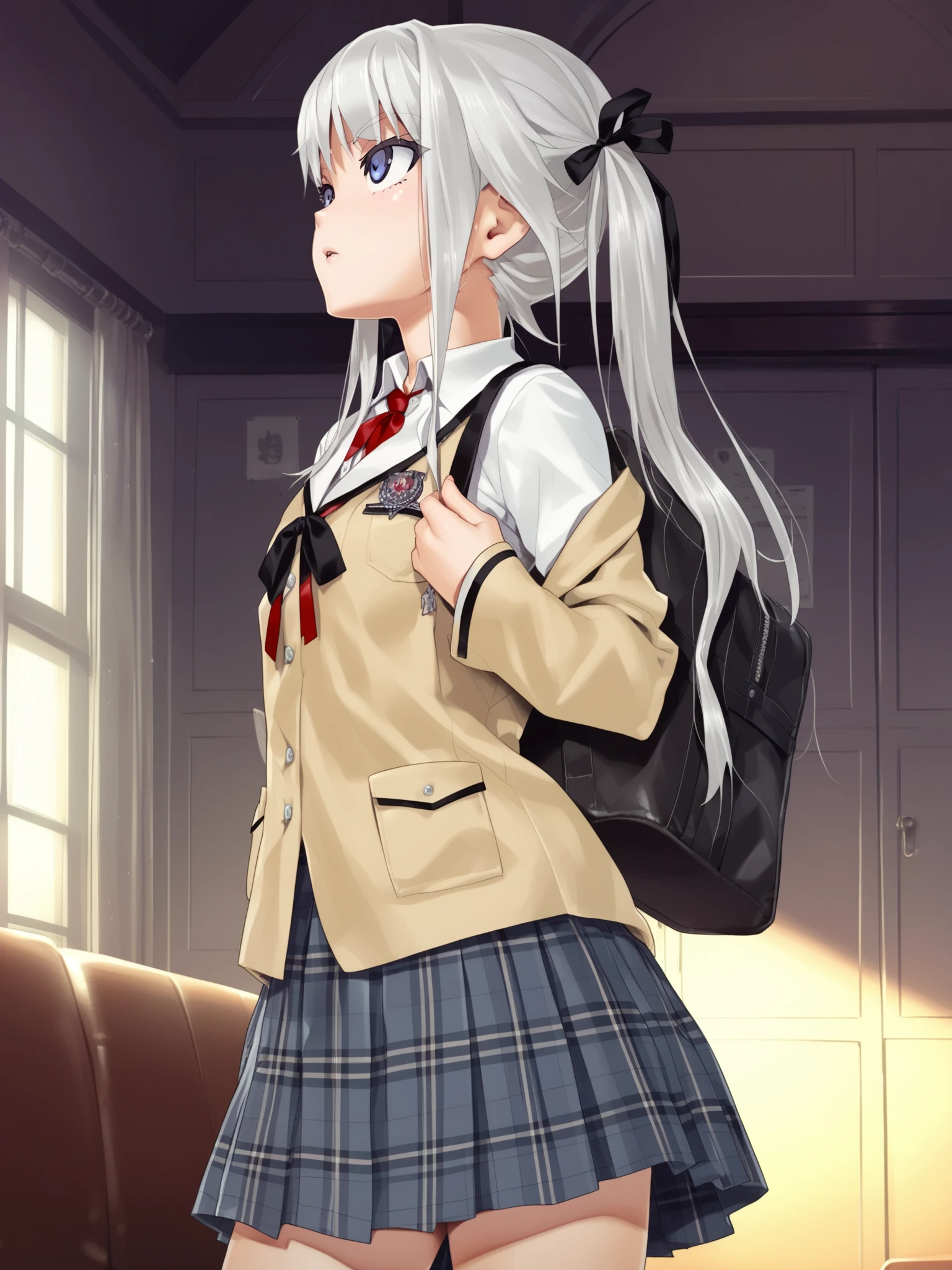 <lora:happy_tentacle-kirie-v0.2-000020:0.9>, ht_kirie (blue eyes:0.6), twintails, (hair ribbon, black ribbon:0.6), school uniform, plaid skirt, school, indoors , 1girl, solo, cowboy shot, thighs, looking up , , from side , score_9, score_8_up, score_7_up, score_6_up, score_5_up, score_4_up