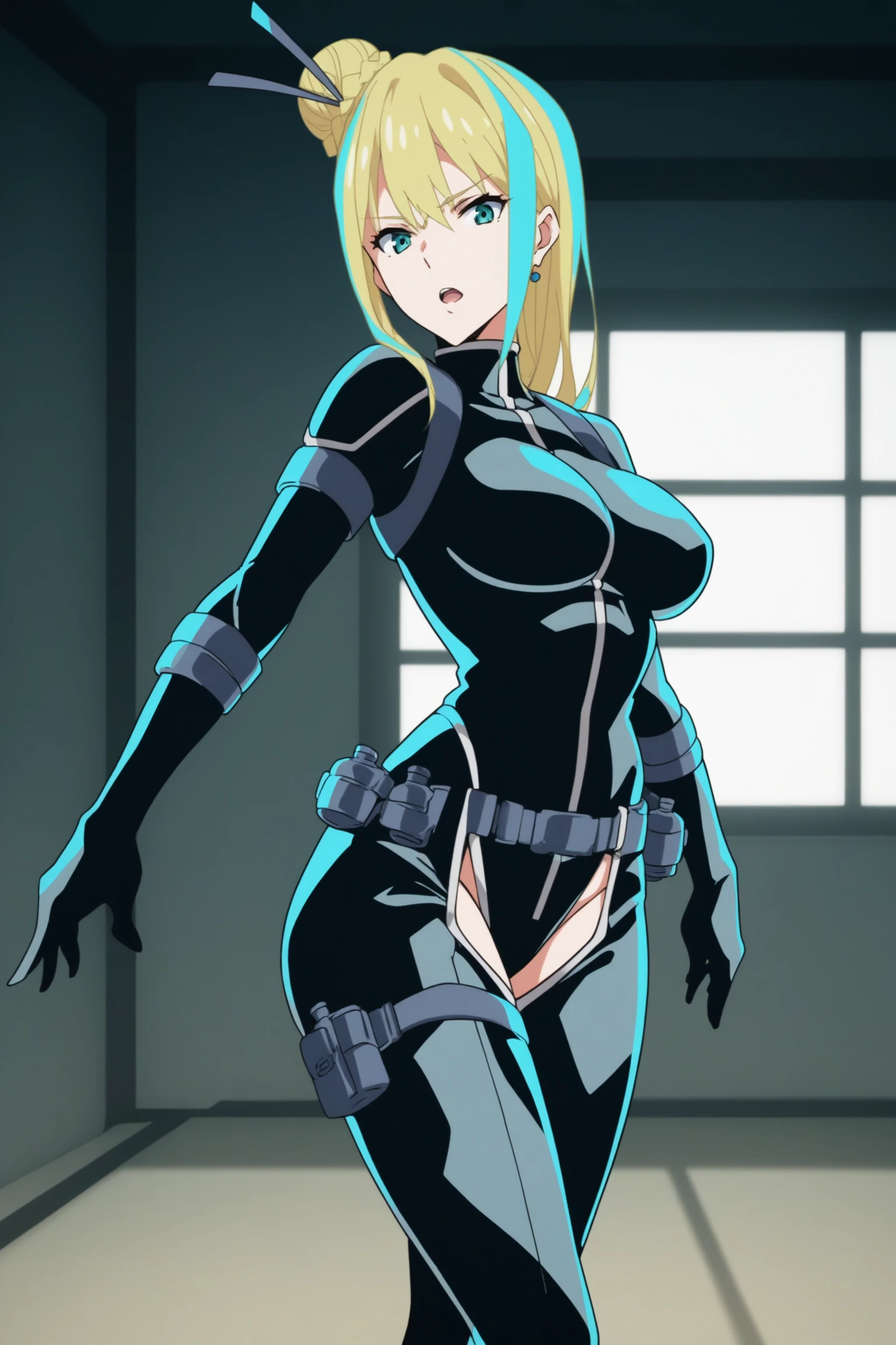 score_9, score_8_up, score_7_up, score_6_up, score_5_up, source_anime, rating_safe, medium breasts, indoors, 1girl, solo, looking at viewer, <lora:age_slider_v4:2>, (dynamic pose:1.2), nancy lee, blonde hair, hair ornament, hair stick, single hair bun, green eyes, black body suit, belt, leotard, high heels, <lora:Nancy_Lee:0.9>, open mouth