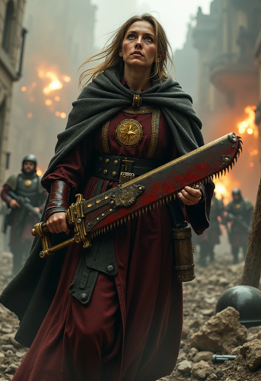 Amidst the chaos of a brutal battlefield, an Imperial Priest finds herself thrust into combat, her face a mix of fear and reluctant determination. The scene is set within the smoking ruins of a once-grand cathedral, now reduced to rubble by relentless artillery fire. The air is thick with dust and the acrid smell of burning incense, mingling with the sounds of distant gunfire and the desperate cries of the wounded.

Clad in her tattered robes, emblazoned with the symbols of the Ecclesiarchy, the priest clutches an ornate, blood-stained chainsword, its teeth buzzing ominously as she holds it awkwardly in her hands. Her eyes, wide with fear yet burning with a fervent light, dart across the battlefield, searching for a way to survive the onslaught. Her heart, filled with devotion and faith, wars with the terror of the moment, every fiber of her being yearning to heal and pray rather than fight.

In the background, the shattered remains of her flock lie scattered among the ruins, their voices silenced by the brutality of war. The photorealistic detail captures the trembling in her hands, the sweat glistening on her brow, and the torn pages of a prayer book flapping in the wind. Despite her fear, the priest stands her ground, her lips moving in silent prayer as she prepares to defend herself against the encroaching enemy, embodying the tragic resolve of one who fights not out of desire, but necessity.