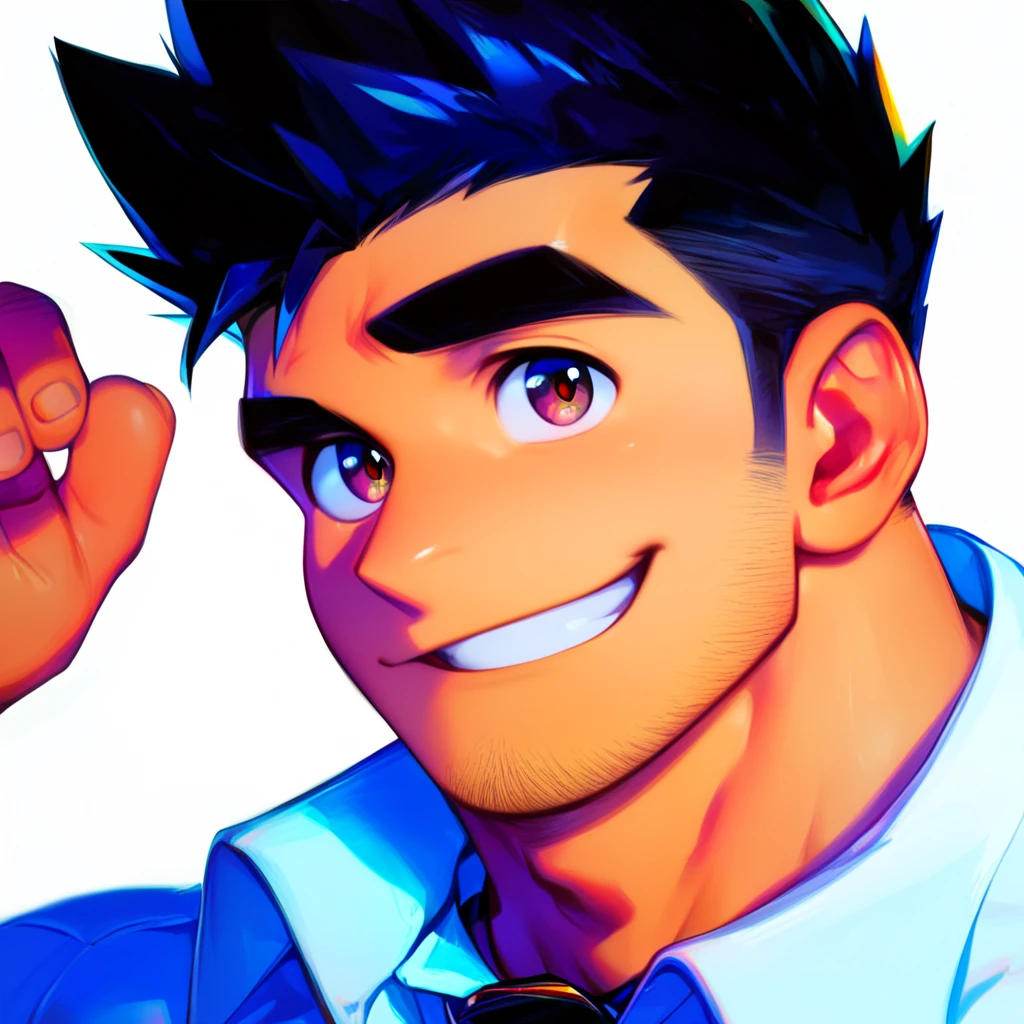 solo, looking at viewer, smile, short hair, shirt, black hair, 1boy, white background, white shirt, male focus, necktie, shoes, collared shirt, pants, muscular, facial hair, thick eyebrows, pectorals, muscular male, spiked hair, sneakers, bara, sleeves rolled up, large pectorals, sideburns, mature male, stubble, focus on face, portrait,

Uleezo Artstyle, Uleezo,
Best Quality, High Quality, Best Quality, Best Quality Face, pupils, anime face, human, High Quality V2, zPDXL2, xxxrating, perfecteyes, anatomy, ultra-detailed light, vibrant colors, (masterpiece), bara, normal skin color,
score_9, score_8_up, score_7_up, score_6_up, score_5_up, score_4_up, 