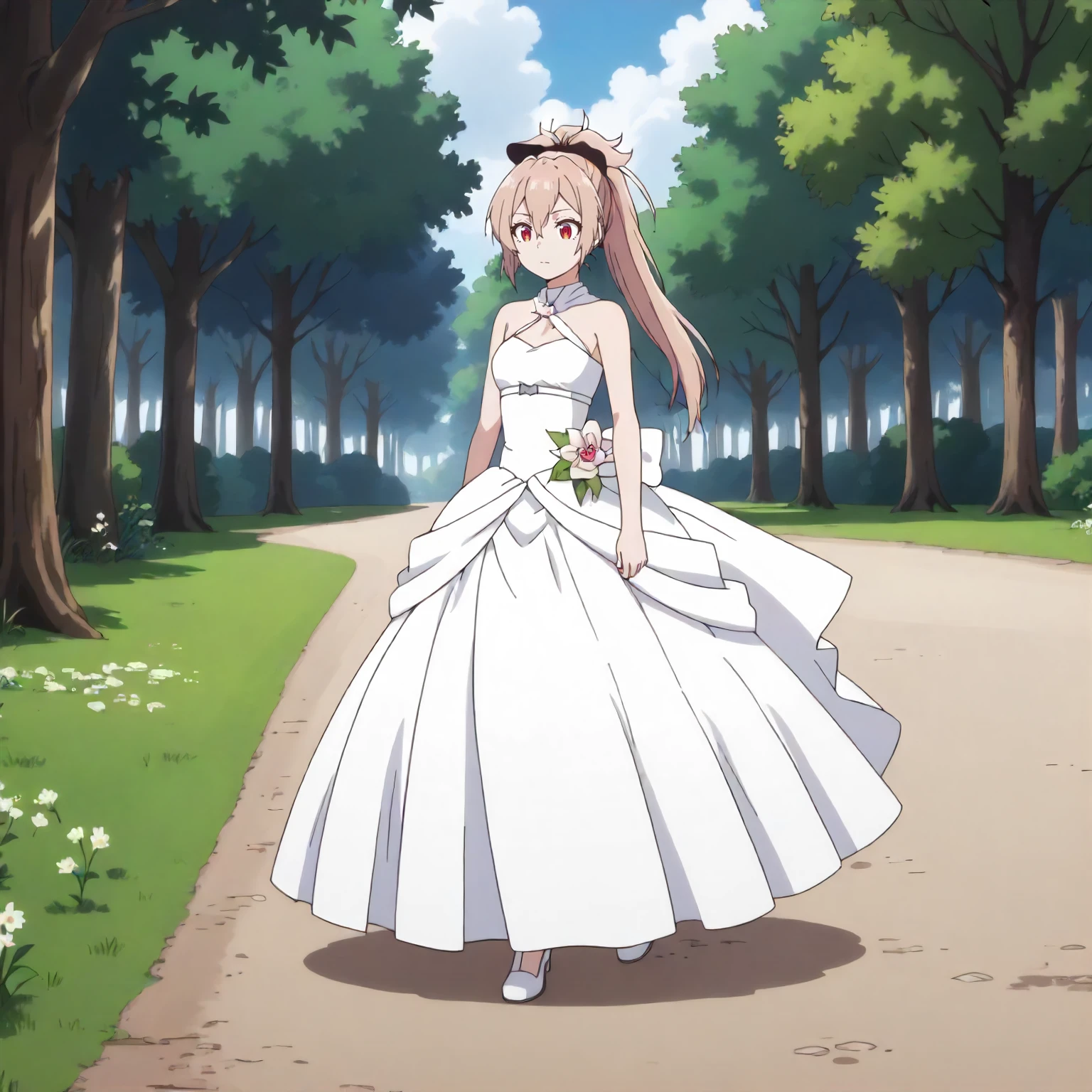 <lora:SSnVR_MenouXLpony001>,
outdoors,nature,
solo,
Menou,1girl,light brown hair,high ponytail,hair ribbon,red eyes,
wedding_dress,