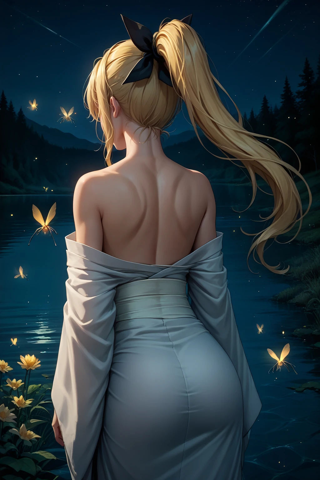 score_9, score_8_up, 1girl, solo, <lora:NSLillyKatawa:0.8> NSLillyMisc, blonde hair, long hair, ponytail, black hair ribbon, from behind, white kimono, bare shoulders, lake, night, fireflies