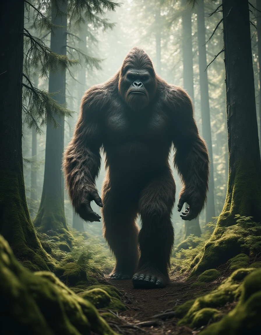 In the dense, mist-covered forest of the Pacific Northwest, Bigfootâa towering, muscular creature covered in thick, dark furâwalks cautiously through the underbrush. Tall, ancient trees surround him, their trunks draped in moss, with beams of sunlight piercing through the canopy, creating dappled patterns on the forest floor. Bigfoot's massive feet leave deep imprints in the soft earth as he moves silently, his eyes scanning the surroundings with a keen, primal awareness. The atmosphere is tranquil yet charged with the sense of an elusive mystery hidden within the wilderness.
 <lora:Bigfoot_Character_Design_for_Flux.1_Dev:1>