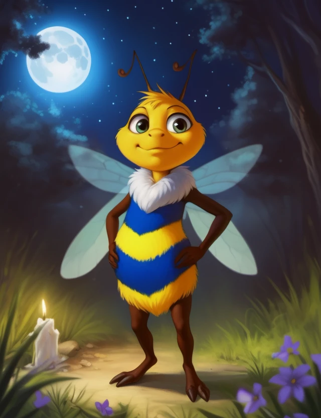 <lora:ClaudioBarberbieniYif:1> ClaudioBarberbieni, Bee, yellow blue stripes, insect wings, insect, (Chibi,)
looking down at viewer,  [ forest with , ((night)), moon, trees, stars,]     (Hands on hips, standing,)
[ large window, (nature), forest, grass, day shining, clouds, flowers, blanket, blue pillows, candles, bed, pillows, ]
(beautiful, aesthetic, perfect, delicate, intricate), masterpiece, digital drawing, best quality, AS-YoungerV2:0.6, AS-YoungestV2:0.5,
[by kenket|by totesfleisch8], by thebigslick:by silverfox5213:0.8], [by syuro, by paloma-paloma::0.2, (Tricksta, TotesFleisch8)