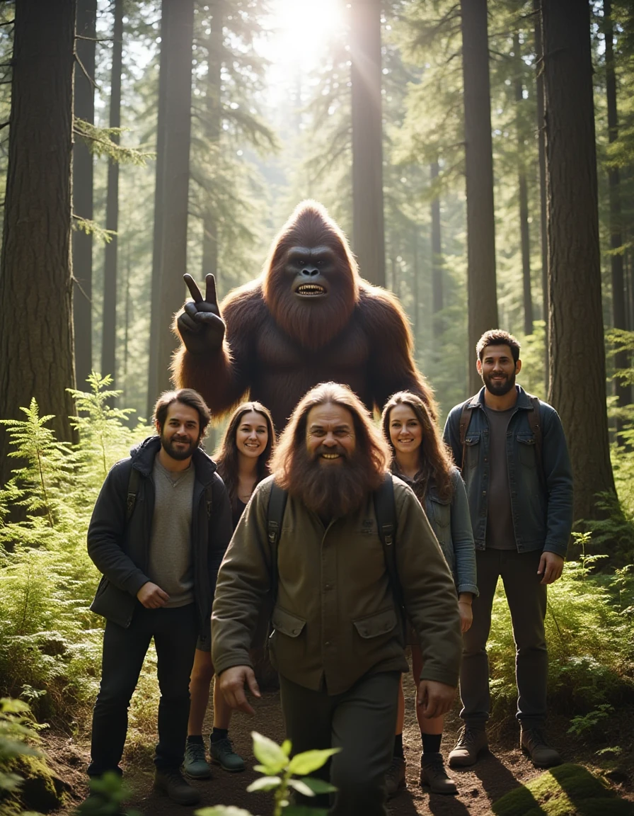 In a sunlit clearing of a dense Pacific Northwest forest, a group of hikers poses for a photo with Bigfoot. The towering, furry creature stands behind them, (bigfoot is playfully holding up peace sign with fingers behind head of one hiker's head:1.8). The hikers are grinning widely, clearly excited and amused by the unexpected encounter. (Bigfoot's face, with a mischievous smile, shows a rare, friendly side:1.8). Tall trees and lush greenery frame the scene, with sunlight filtering through the branches, adding warmth and a touch of humor to the surreal moment.
<lora:Bigfoot_Character_Design_for_Flux.1_Dev:0.8>