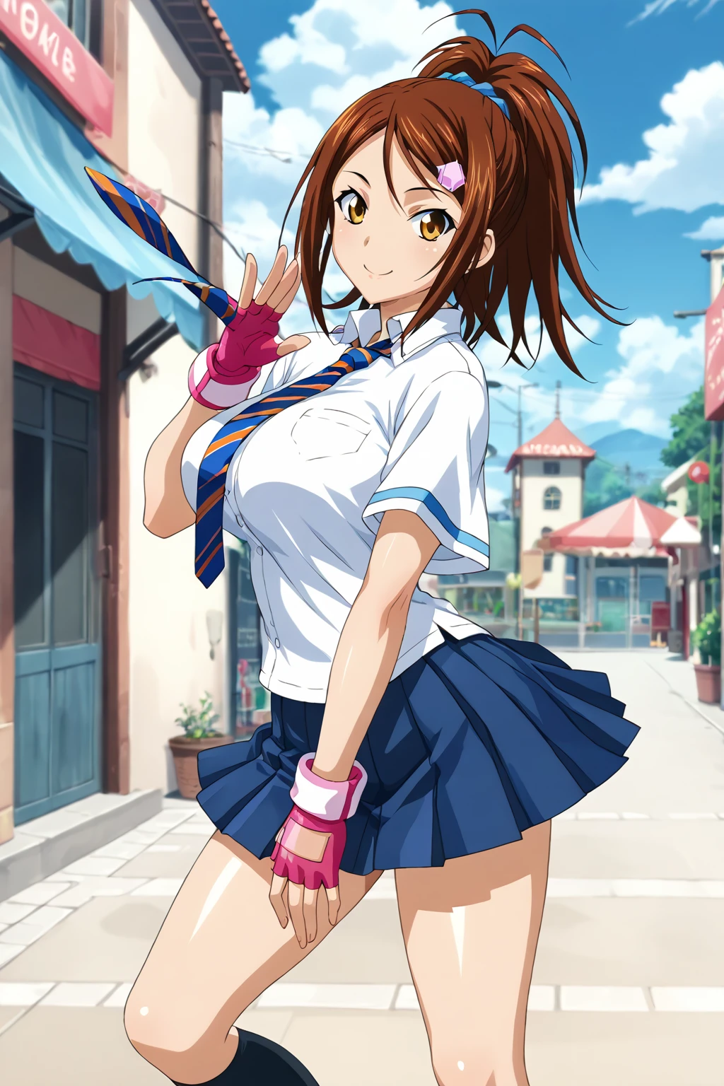 (Anime artwork, Anime Style, Studio Anime, Very detailed, Latest, Vibrant, Anime Coloring Book, High Contrast, masterpiece:1.2, Highest quality, Best aesthetics), (Beautiful and detailed:1.2), Aoi Tennis, 1 personで, 1 person, (cheerleader:1.3), (pleated skirt:1.3),(stripe crop top:1.2), sleeveless shirt, large breasts,(under boob:1.1),miniskirt, thighs,short hair,two side up, hair ornament, holding pom poms,(panties,cameltoe:1.1),(sweat:1.1),Wet,smile,open mouth,(dancing,outdoors:1.3), It's not a tennis uniform., It's not a leotard., Not a swimsuit, blush, Lips parted, Looking at the audience,Dynamic Angle, Asymmetrical bangs, Perfect Proportions, Skin with attention to detail, cute, Detailed face,