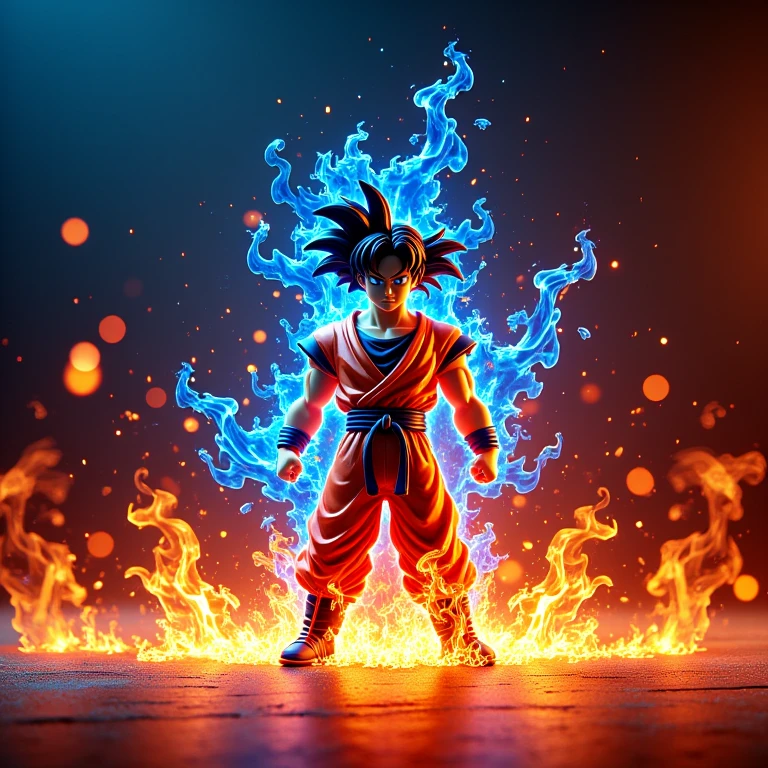 masterpiece,high resolution,super realistic, ,cinematic lights,realistic flames,
, <lora:OnFire_9_flux:0.8>,
onfire,small action figure of goku on red fire,
blue falmes text"FLUX" backround