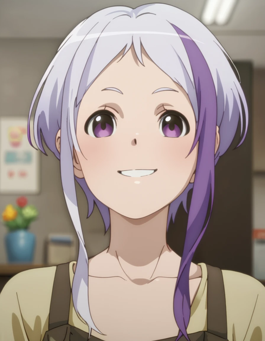 <lora:DevilPartTimer:1>, score_9, score_8_up, score_7_up, score_6_up, score_5_up, score_4_up, source_anime,  , smile, portrait Acieth, short hair, purple eyes, purple hair, multicolored hair, two-tone hair, streaked hair, short hair with long locks