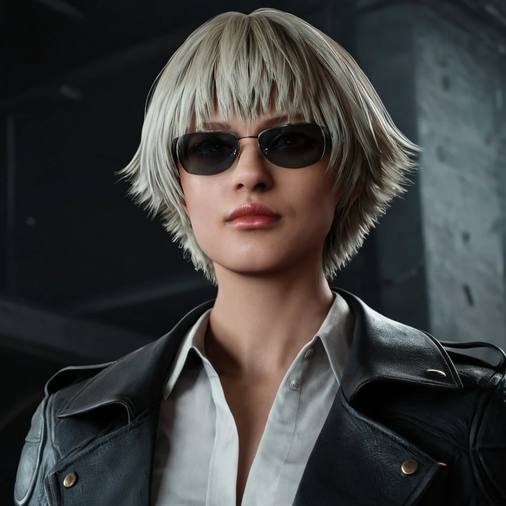 cinematic film still of  <lora:ladydmc v3:0.9>
ladydmc a woman with a short blond hair and glasses, MaryAnnArkham, smooth sharpness, very detailed image, cinematic style, detailed background, perfect style, perfection, Unreal Engine, 3d, realistic, realism, photorealism, hyperrealism, hyperrealistic, video game style, 3D computer graphics, Blender, 3ds Max, Maya, Cinema 4D, ZBrush, AutoCAD, LightWave 3D, Adobe Dimension, virtual reality, Unreal, real-time 3D, Epic Games style, Unreal Engine style, ladydmc style, solo, short hair, blonde hair, shirt, 1boy, jacket, white hair, male focus, black jacket, sunglasses, leather, leather jacket, 1girl, lips, from below, white shirt, parted lips, collared shirt
, shallow depth of field, vignette, highly detailed, high budget, bokeh, cinemascope, moody, epic, gorgeous, film grain, grainy