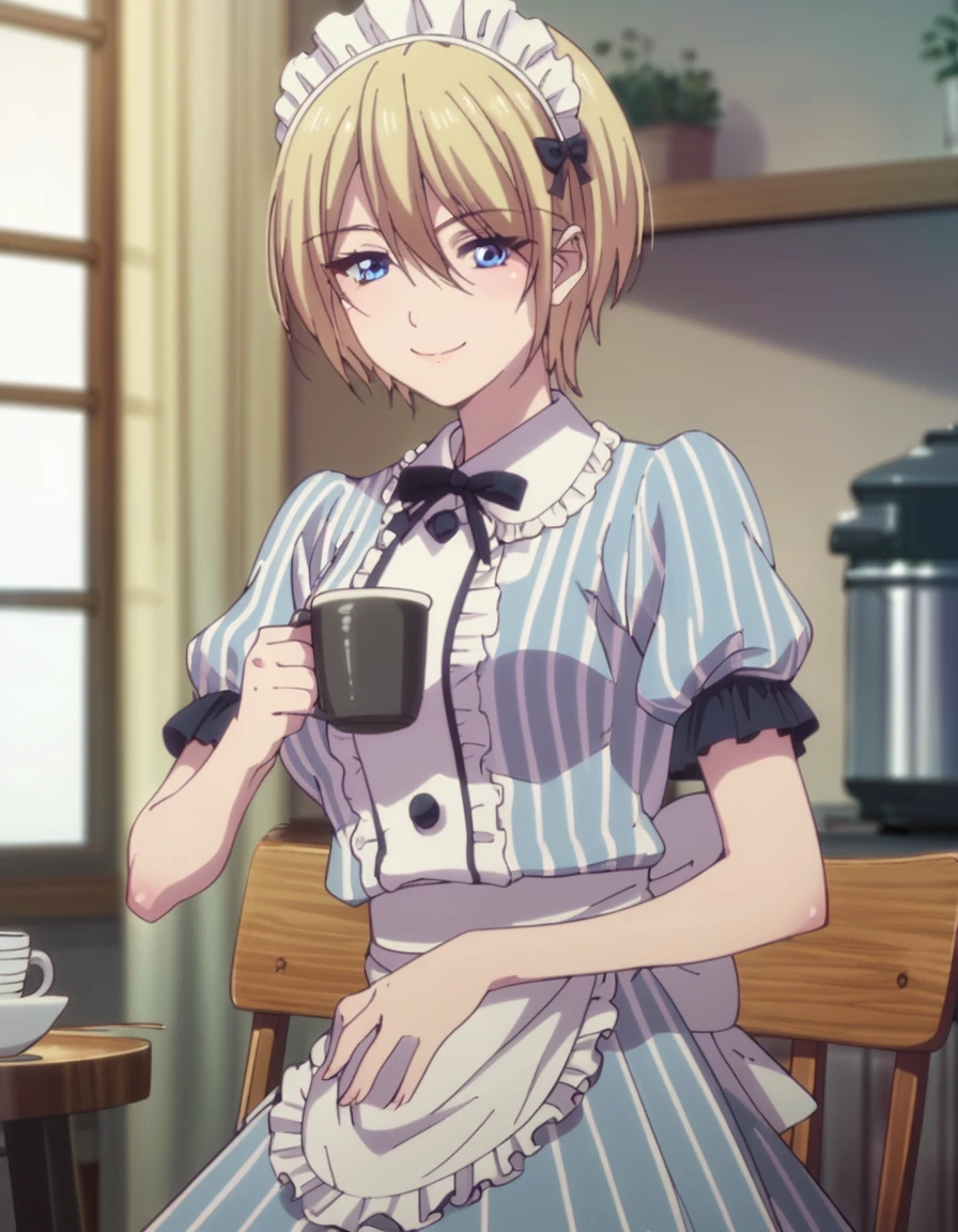 <lora:CafeTerraceGoddesses:1>, score_9, score_8_up, score_7_up, score_6_up, score_5_up, score_4_up, source_anime,  , smile, sitting, drinking coffee Akane, short hair, blonde hair, blue eyes, maid,