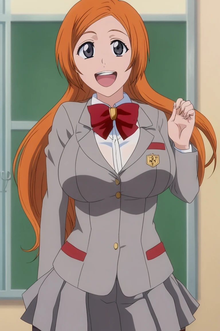 <lora:vslinx_orihime:1> outfit_schooluniform, vslinxorihime, solo, breasts, smile, open mouth, grey eyes