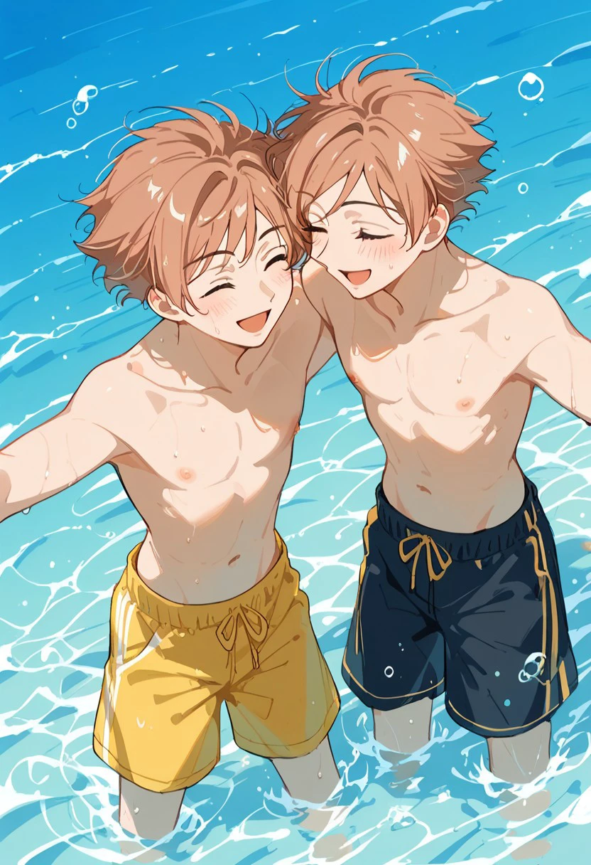 2 cute thin handsome boys  and 14Shirtless hugging in the water