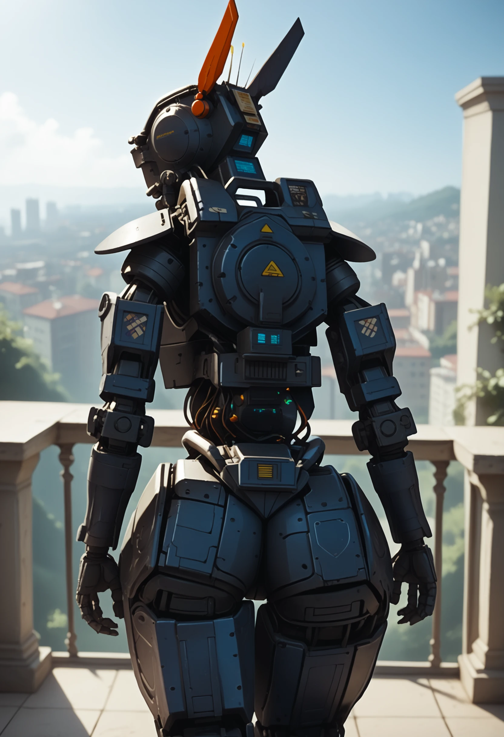  score_9, score_8_up, score_7_up, chappie, robot, solo, balcony, outdoors, bending over, hyper ass, thick thighs, from behind