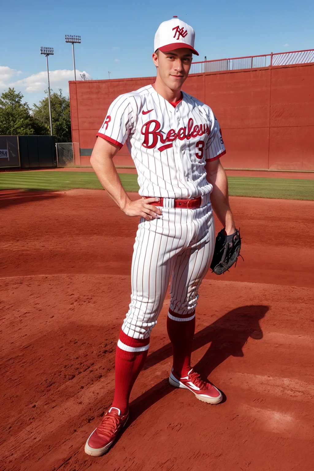 afternoon, blue sky, (baseball field), standing, KennedyCarter, slight smile, baseballplayer, (baseball uniform), white jersey with red pinstripes, wearing red baseball cap, white pants with red pinstripes, red socks, (wearing baseball mitt), (((full body portrait))), wide angle, <lora:KennedyCarter:0.8> <lora:Clothing - Sexy Baseball Player:0.65>