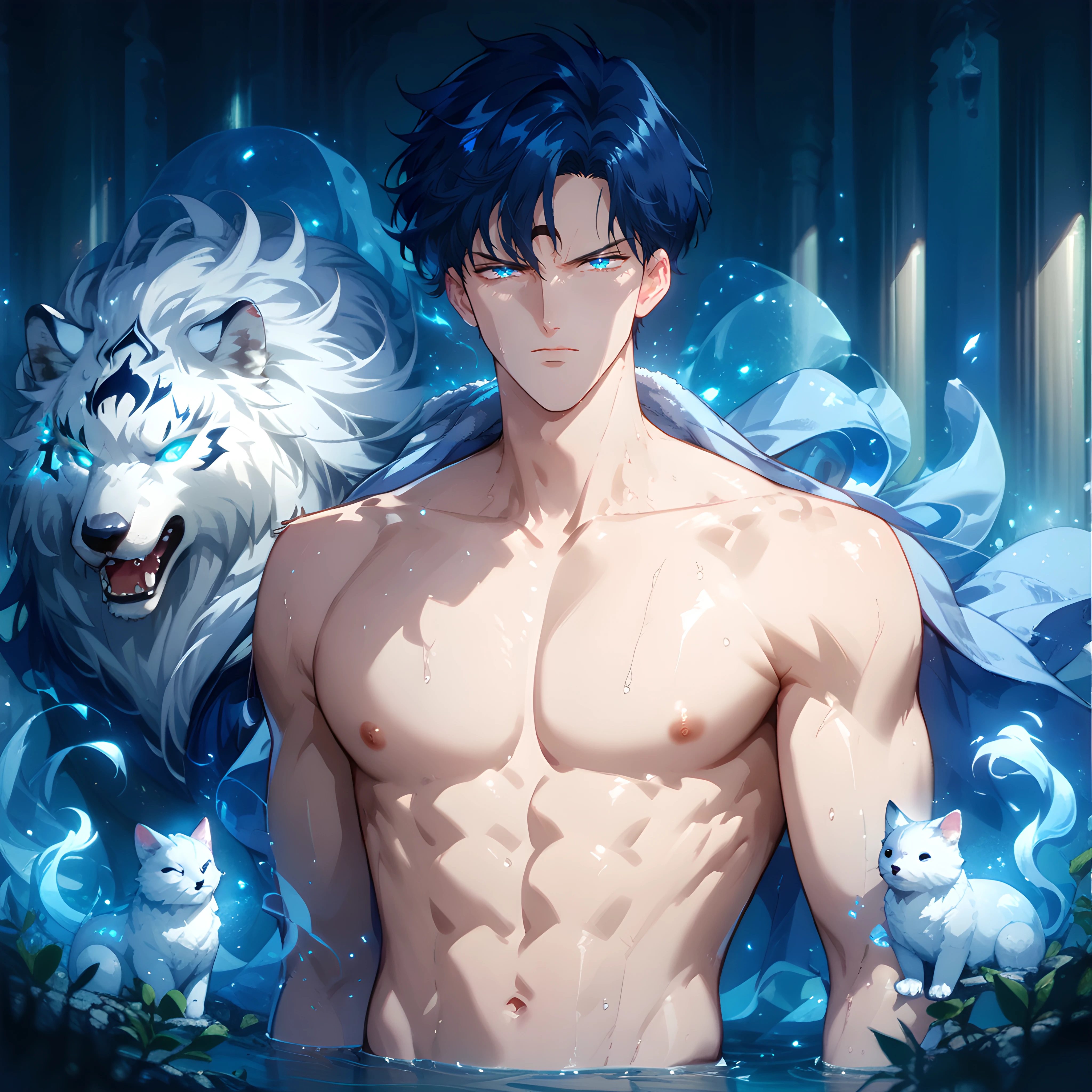 score_9, score_8_up, score_7_up, score_6_up, score_5_up, score_4_up, 1boy, male focus, looking at viewer, <lora:Sapphire_Sailor_Moon:0.9> sapphire, glaring, blue hair, blue eyes, crescent facial mark, slim, (completely nude:1.1), (wrapped in a towel:1.1), glowing eyes, lots of details, best aesthetic, masterpiece, best quality, absurdres, <lora:PonySpiritAnimals:1> Spirit Animal