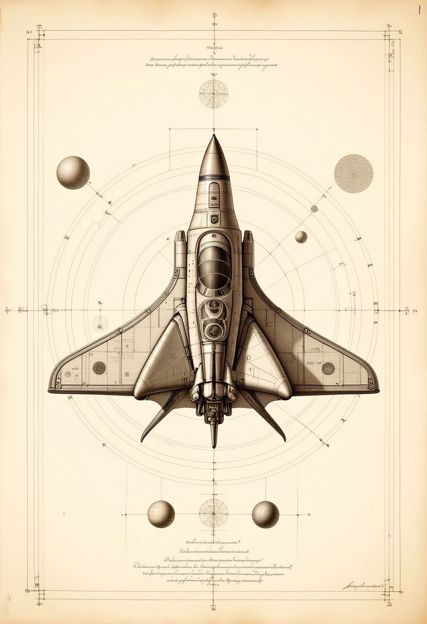 sepia anatomysketch of a spacecraft, highly detailed, annotated