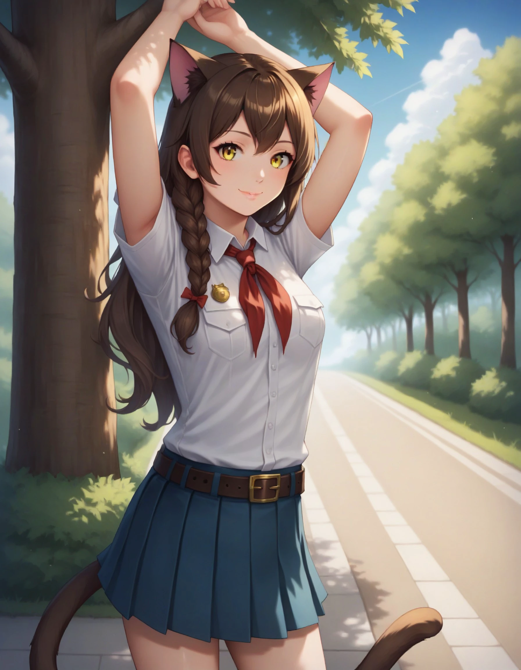 (masterpiece), best quality, expressive eyes, perfect face, score_9, score_8_up, score_7_up, source_anime, 1girl, solo, BREAK, yulia, brown hair, long hair, side braid, single braid, yellow eyes, medium breasts, young, smile, closed mouth, cat ears, cat tail, smooth body, shiny skin, BREAK, white shirt, collared shirt, short sleeves, breast pockets, red neckerchief, belt, blue skirt, pleated skirt, standing, streching arms, arms up, pose, BREAK, tree, bushes, sidewalks, visual novel background, CG background, day, sun, park, outdoor scenery, detailed background, photorealistic, pixiv, sharp-focus, super detail, BREAK, colorful, vibrant colors, detailed face, stunning, highly detailed, 8k, intricate, cinematic, dehazed, atmospheric, highres, best quality, detailed eyes, cowboy shot, <lora:8fa2ec5d-d4a7-4efb-94d2-27b8d1cc2911:0.7>