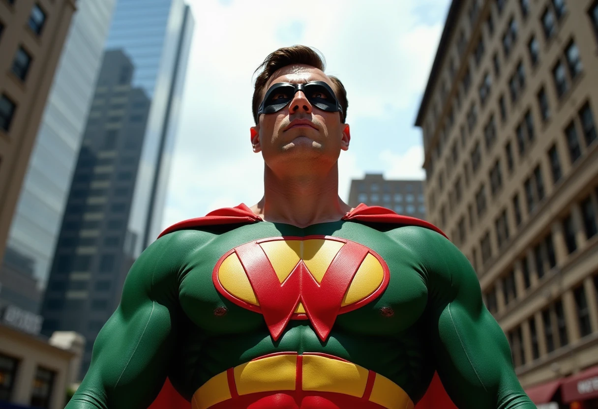 Muscular body, Superman's outfit but it is green, yellow and blue, face of former president of Brazil Jair Messias Bolsonaro,
