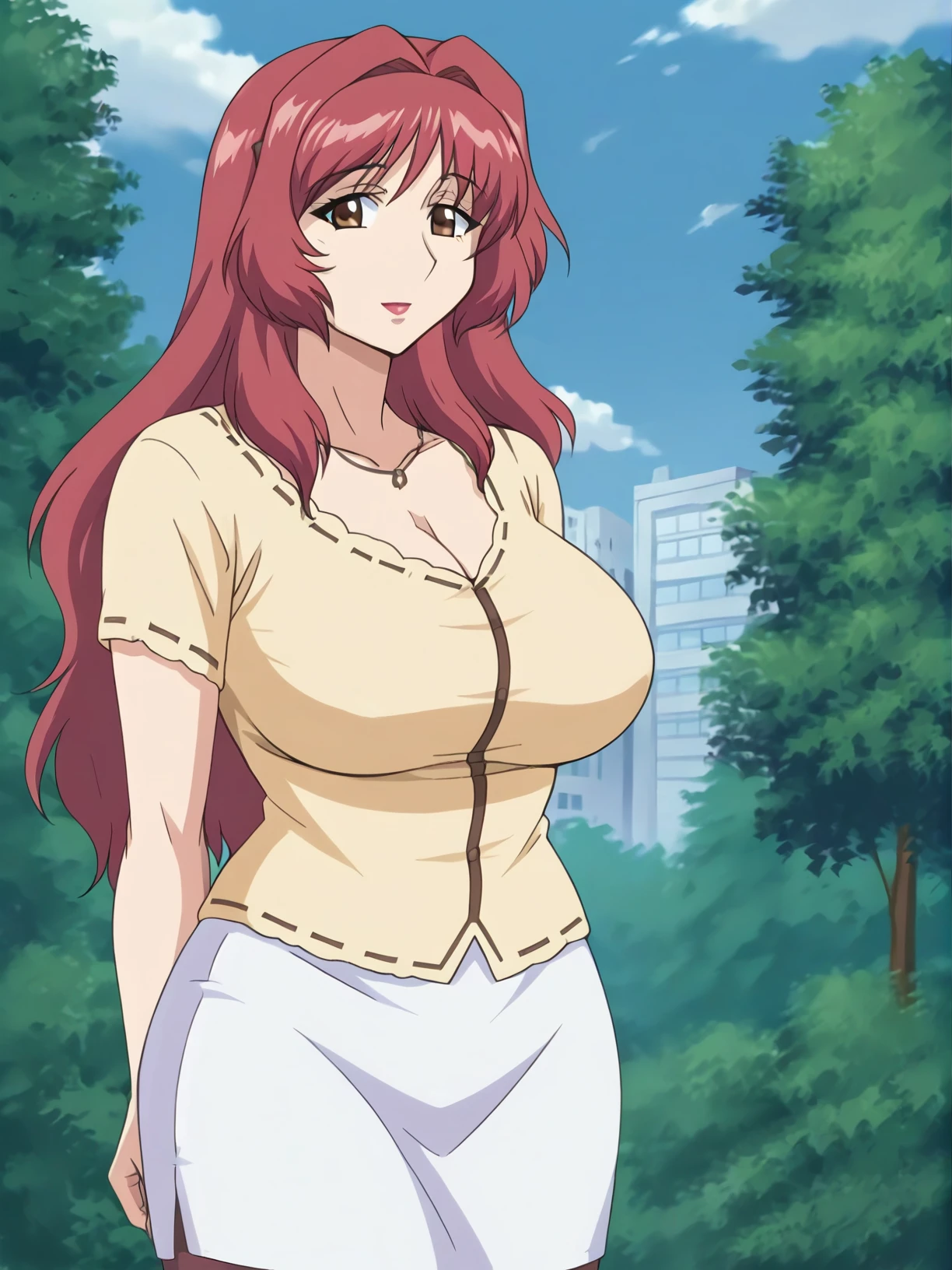 obscenity, Almost naked, enticing, Seductive, Erotic, Enchanting, (queen, Ultra mini skirt), (crotch open), window, indoor room, indoor background, mei terumi, 25 yo, mature women, solo, takeda hiromitsu style, anime cels style, best quality, high resolution, (large breasts:1.3), cowboy shot, blush, smiling, slim body, long hair, brown hair, green eyes, ((hair over one eye)), pink lipstick