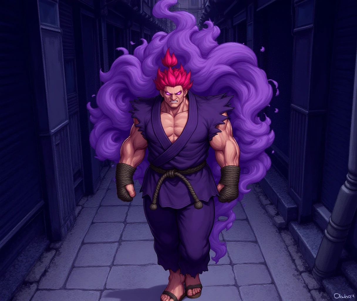 a deep and complex multi-layered painting, Akuma is walking down the street past in a dark alleyway, Akuma has identified you as his next fight and has formed a thick trailing aura of purple power,

anime, akuma \(street fighter\), from front, facing the viewer, looking at the viewer, solo, 1boy, red hair, tied hair, glowing purple eyes, fists, rope belt, purple gi, rope fist wraps, traditional wooden sandals, evil scowl, 

inkblot anime, thick deep coloration style, watercolor background, dark alley, night, pastel colors, very dark,