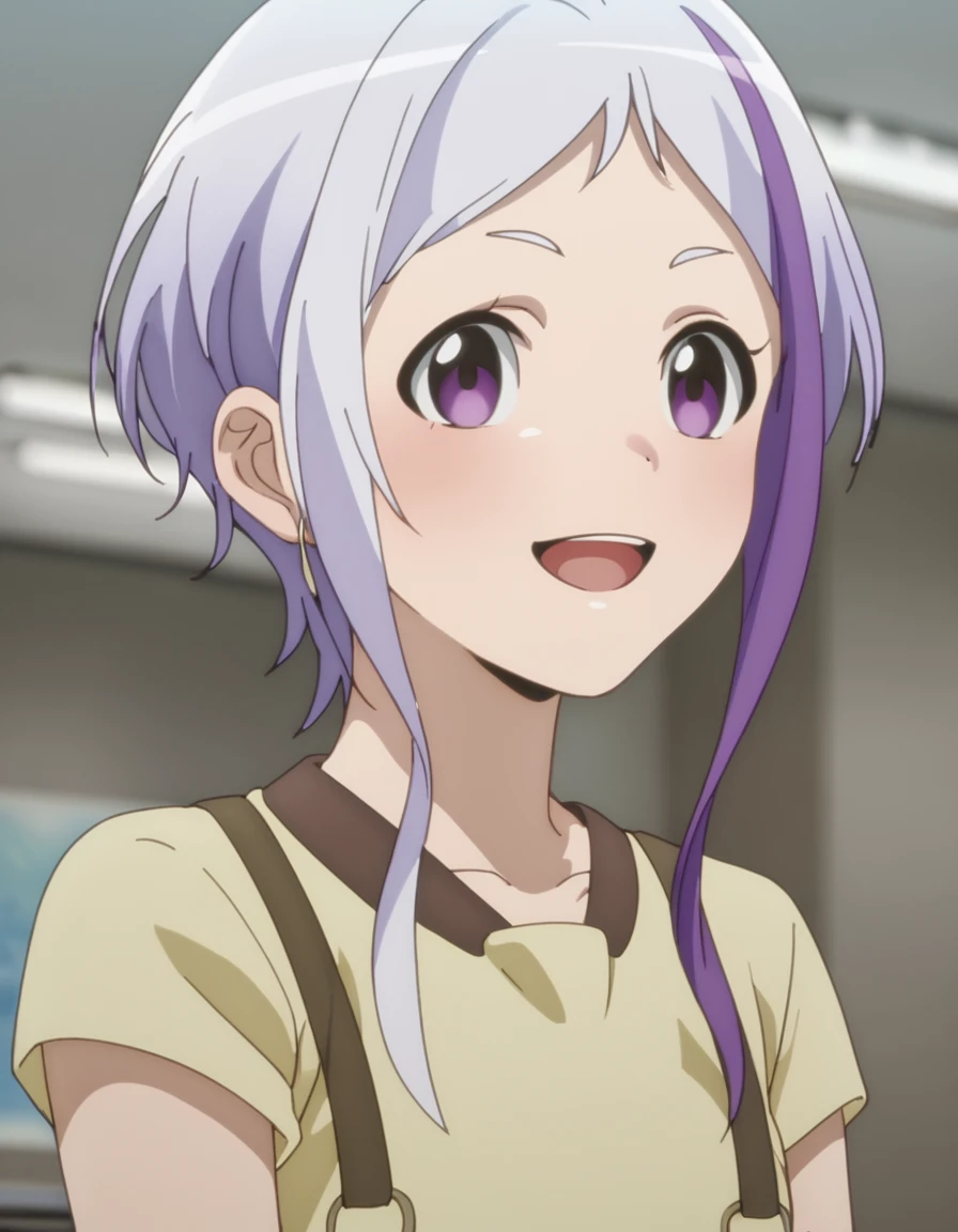 <lora:DevilPartTimer:1>, score_9, score_8_up, score_7_up, score_6_up, score_5_up, score_4_up, source_anime,  , smile, dynamic pose,  Acieth, short hair, purple eyes, purple hair, multicolored hair, two-tone hair, streaked hair, short hair with long locks