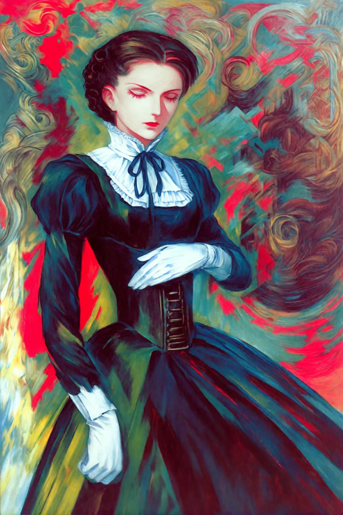 <lora:franz-marc_pony_v3:1> ' beauty ' by Marc Franz  in 1912, abstract \(genre\),abstract art \(style\)        
abstract expressionism \(style\)        , , Stunning intricate 1870s victorian era vivid color raw portrait, dressed as a serene secretary, 1870s victorian era intricate lace blouse and chastity belt, outdoors, 1870s victorian era abandoned walkway, ebony&ivory aesthetic, 1870s victorian era photo, epic character composition, sharp focus, subsurface scattering, f2, 35mm, score_9, score_6_up, score_7_up