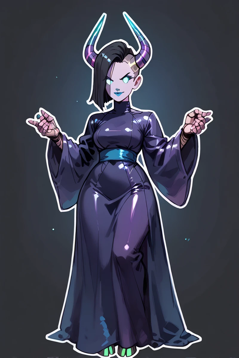 sticker art, full body view, blank background, rating_safe, score_9, score_8_up, score_8, score_9, score_8_up, score_7_up, score_6_up, embedding:zPDXL3, (wide hips, thicc, violet rubber skin, cyborg, green glowing eyes, blue lipstick, black make up, horns, mechanical hooves, latex robe, clothed, undercut hair, black hair, smirking expression, strong pose, paper_mario_style, (dot eyes, white outline:1.2)