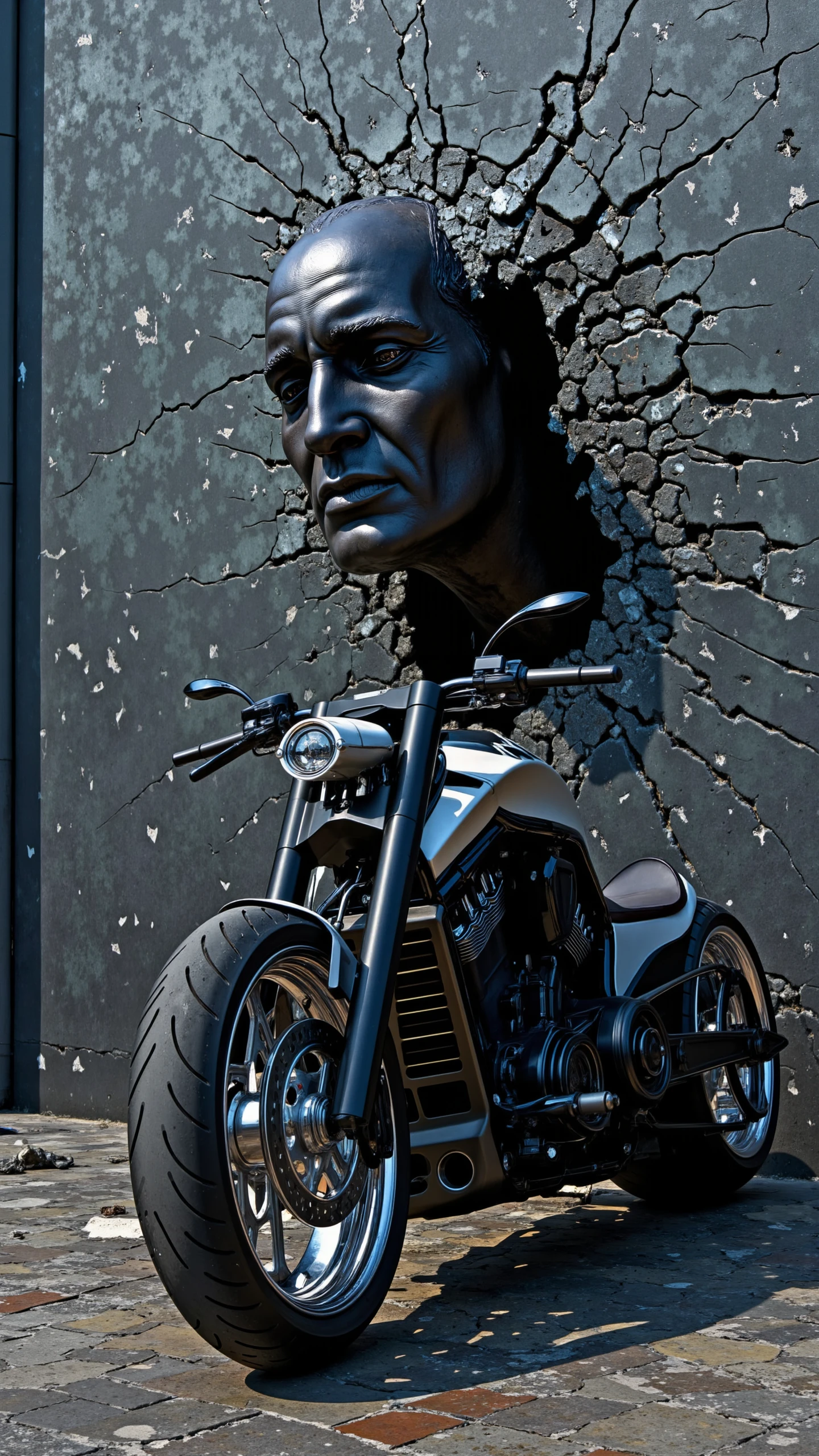 A hauntingly surreal image combining the cracked and fragmented art style with a custom, NGT, V-Rod. The scene features a cracked, almost marble-like surface similar to a weathered statue, but instead of just a face, the V-Rod emerges from the background as though it’s breaking through the crumbling wall. The bike is semi-embedded in the cracked texture, with parts of it jutting out, adding to the surreal effect. The V-Rod's chrome details gleam amidst the dark, fractured surface, while hints of the bike’s powerful engine and sleek design remain visible through the cracks. The lighting casts dramatic shadows, creating an eerie yet captivating contrast. The overall mood is mysterious, blending the rugged power of the bike with the delicate, decayed artistry of the fractured wall.

