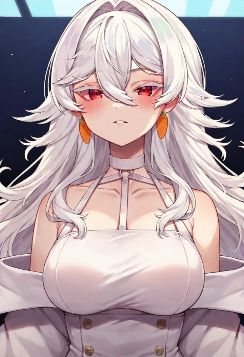 score_9, score_8_up, score_7_up, rating safe, 2D, flat colors, flat shading, virtual youtuber, nous, (indie vtuber), carrot earrings, long hair, big breasts, breasts, looking at viewer, blush, white hair, hair between eyes, hair intakes, red eyes, white eyelashes, colored eyelashes, bare shoulders, white choker, dynamic pose, dynamic expression, posing for the camera, <lora:Character_Nous:0.55>