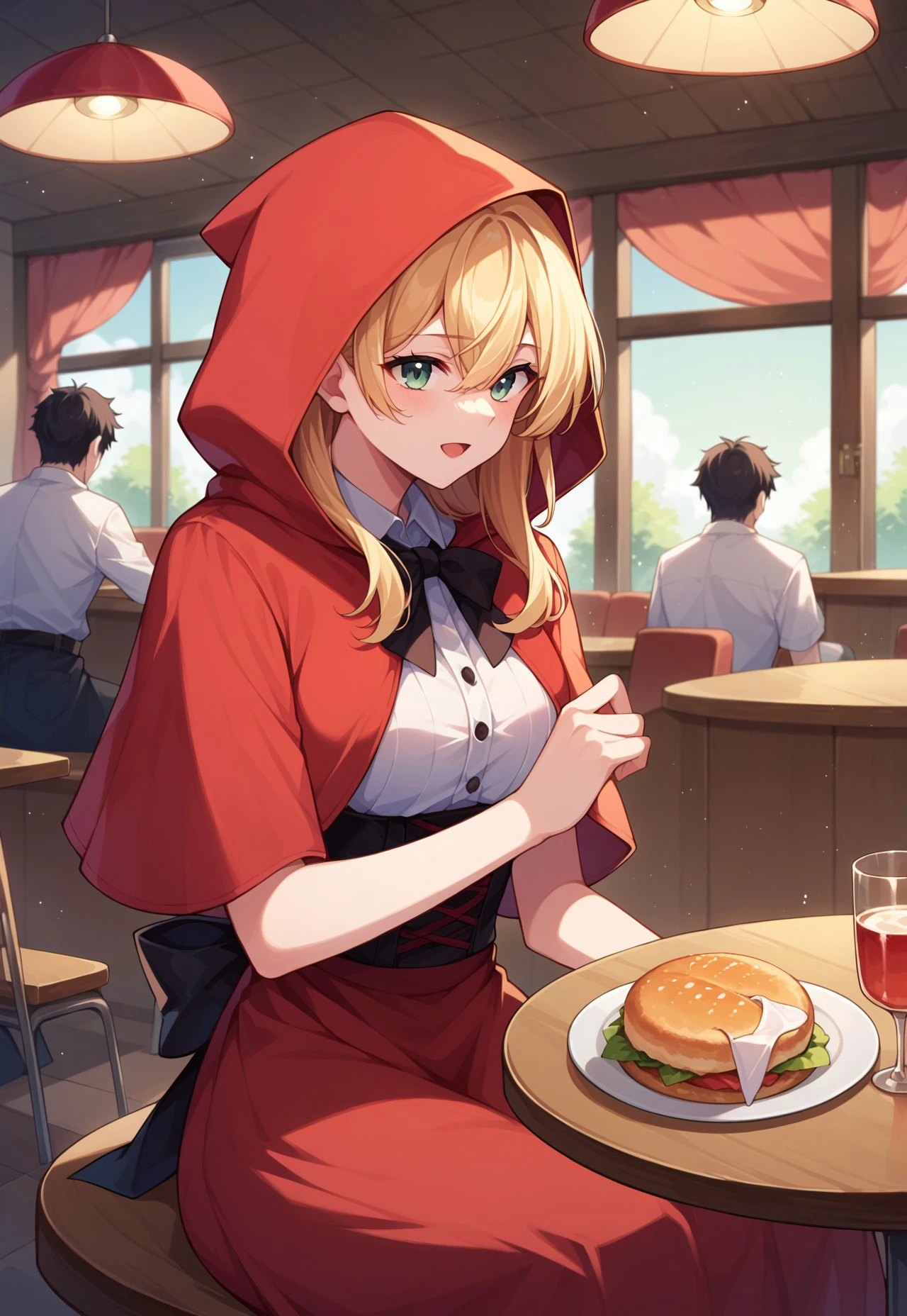 score_9, score_8_up, score_7_up, source_anime, little red riding hood (grimm), waitress, indoors, diner