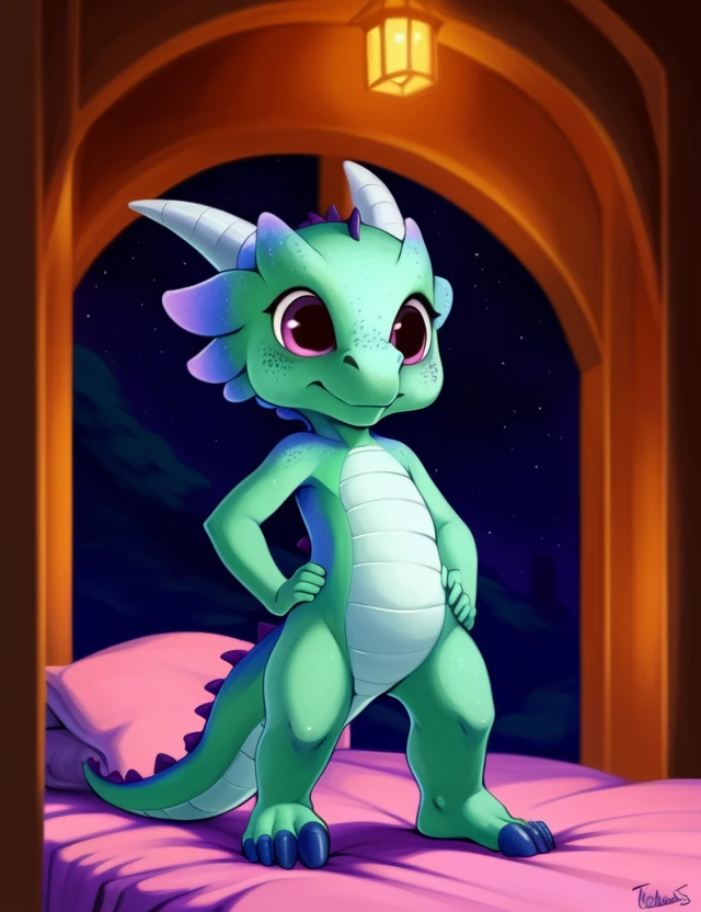 <lora:NazbooShiShiYif:0.95> NazbooShiShi, dragon, purple eyes, teal scales, blue toes,  tail, (Chibi,)
looking down at viewer,  [ forest with , ((night)), moon, trees, stars,]   (((Hands on hips, thumbs up)))
[ large window, (nature), forest, grass, day shining, clouds, flowers, blanket, blue pillows, candles, bed, pillows, ]
(beautiful, aesthetic, perfect, delicate, intricate), masterpiece, digital drawing, best quality, AS-YoungerV2:0.6, AS-YoungestV2:0.5,
by Faustsketcher, by Brian M. Viveros, by Colin Campbell Cooper, by Tsampikos