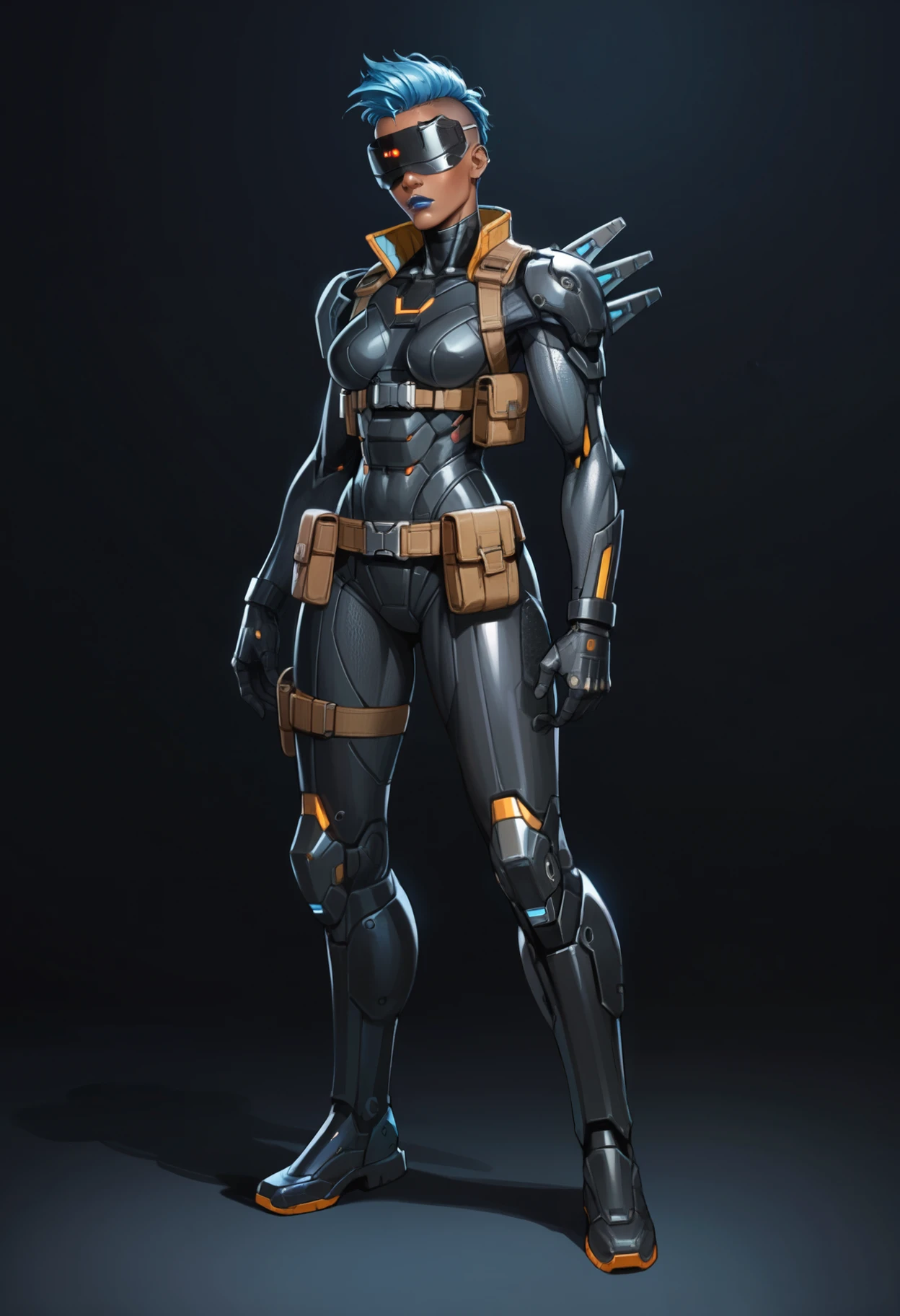 score_9,score_8_up,score_7_up,score_6_up,1girl,solo,dark background,black bodysuit,science fiction,blue hair,mohawk,belt pouch,armor,dark-skinned female,no eyes,hidden eyes,shoulder spikes,visor,blue lips,black gloves,cyborg,mechanical legs,medium breasts,boots,full body,       <lora:MyTrainings\Temp\Mad_Maggie_Outlawed_Tech_XL_Pony_ARZUMATA-000009.safetensors:0.5>