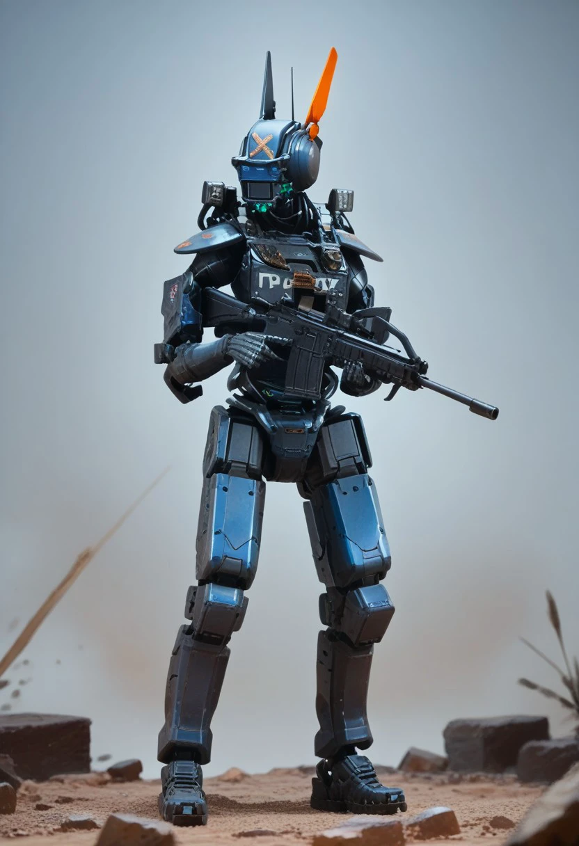 score_9, score_8_up, score_7_up, chappie, robot, solo, full body, sexy pose, looking at viewer, cowboy shot, holding, rifle