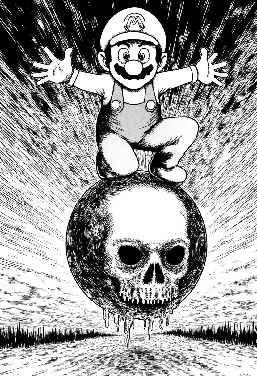 super mario jumping on a goomba in monochrome jitostyle.    <lora:Junji_Ito_Style_F1D:1.3>