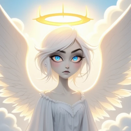 hhstyle digital art of a pure white skin angel with a glowing yellow halo and bright blue eyes. The background is of a city in heaven with white marble buildings and a bright sunny sky.