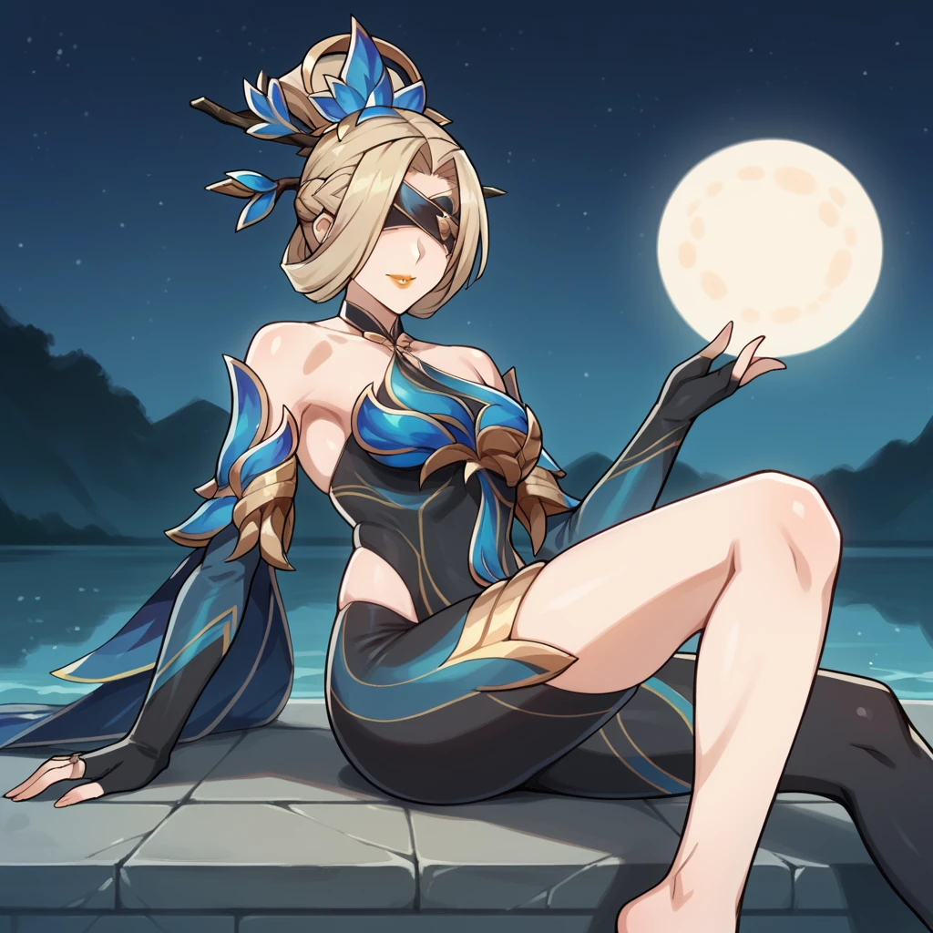 score_9_up, score_8_up, score_7_up, source_anime, masterpiece, best quality, 1girl, solo, Ascended, moon light, starry sky, night sky, still water, lake, lying on back, on top of water, from side, looking at you, bend knee, feet, seductive smile, blond hair, blindfold, braid, covered eyes, hair ornament, beautiful orange lips, lipstick, hair stick, jewelry, bare shoulders, two-tone bodysuit, black bodysuit, green bodysuit, side cutout, two-tone cape, halterneck, detached sleeves, long sleeves, fingerless gloves, claw ring, asymmetrical legwear, mature body, dynamic cowboy shot, outdoors, sky clouds background