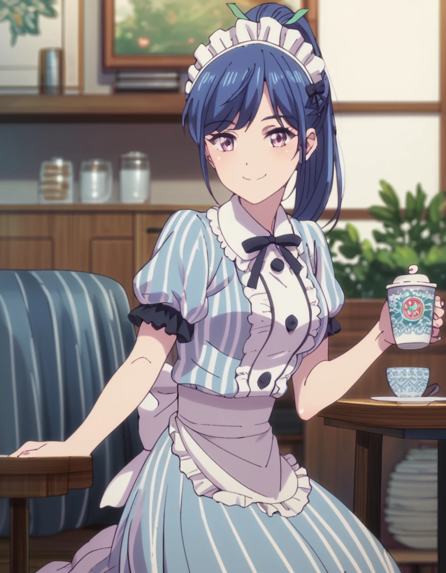 <lora:CafeTerraceGoddesses:1>, score_9, score_8_up, score_7_up, score_6_up, score_5_up, score_4_up, source_anime,  , smile, sitting, drinking coffee Ami, long hair, ponytail, purple eyes, blue hair, maid,