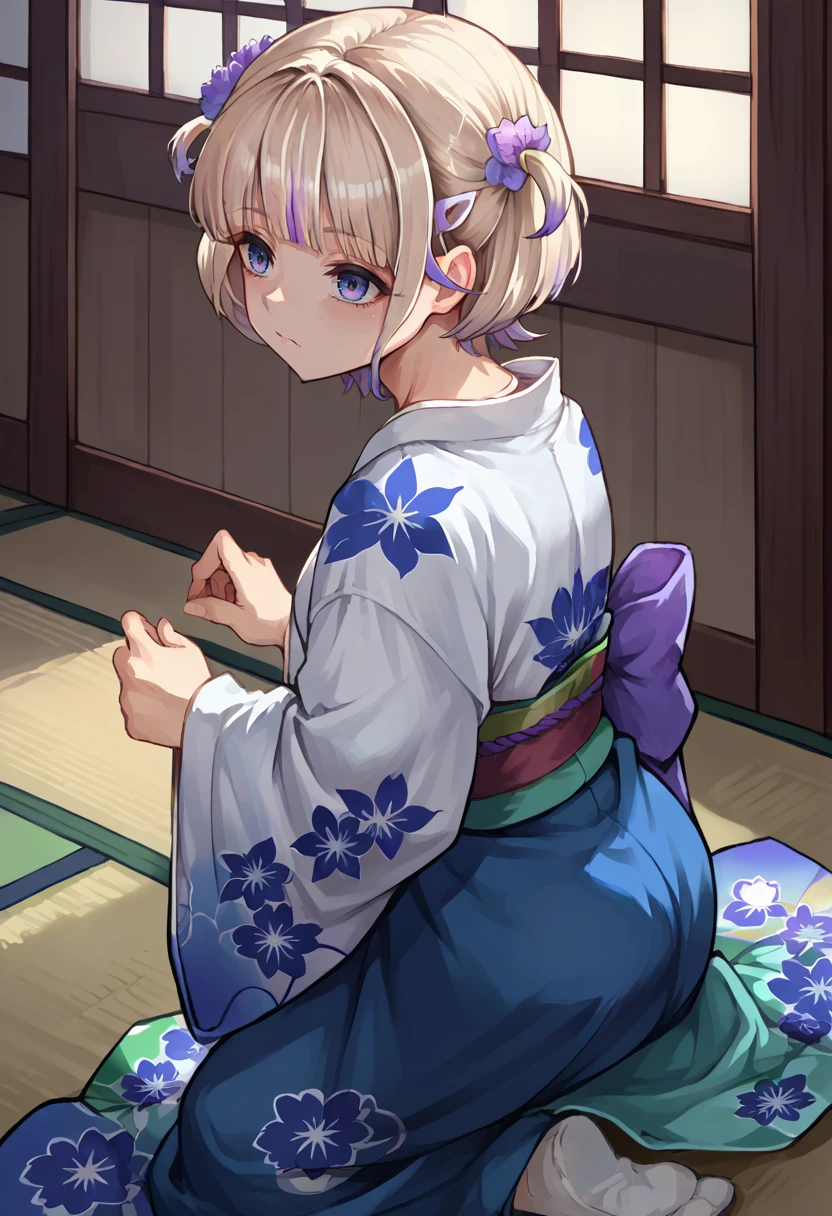 score_9, score_8_up, source_anime, 1girl, solo, TodorokiHajime, multicolored hair, short hair, two side up, hairclip, indoors, kimono, hair flower, floral print, wariza, kneeling, <lora:ChamTodorokiHajimePonyXL:1>